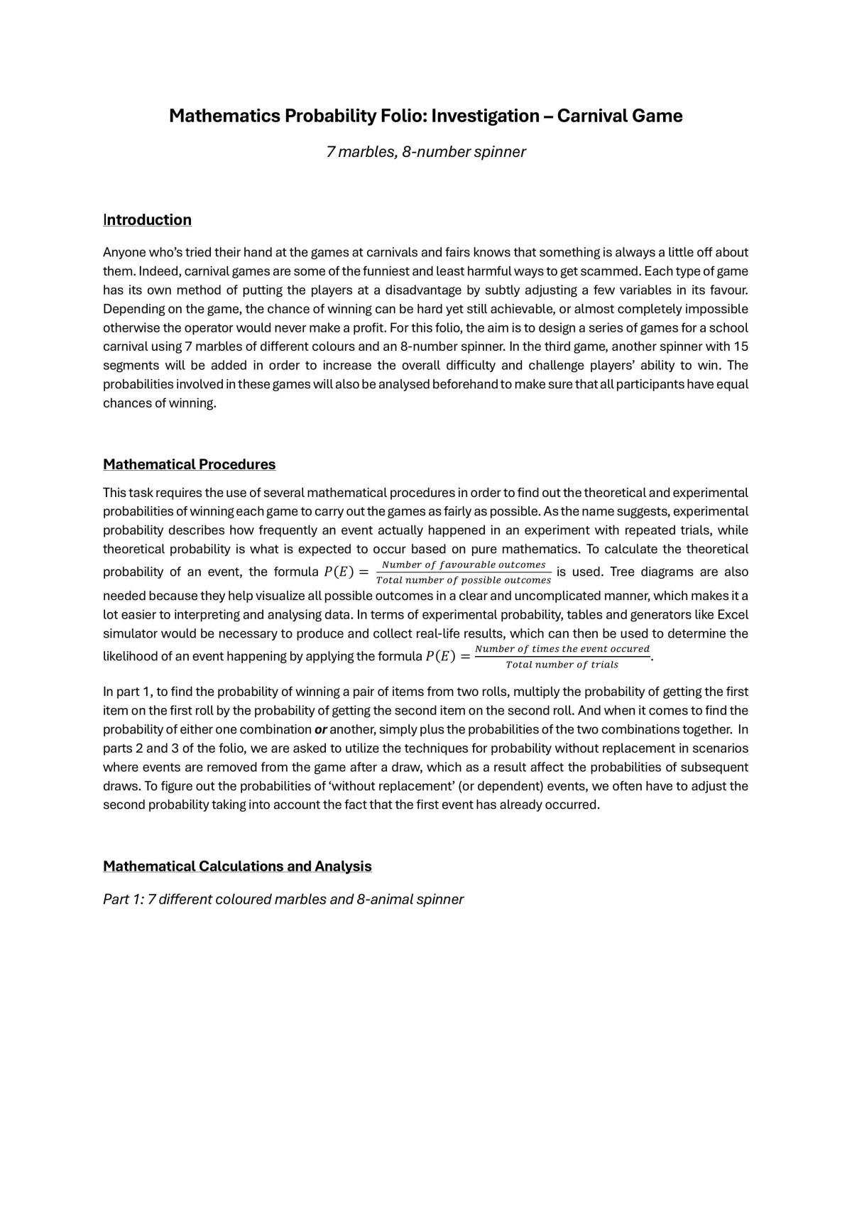 Mathematics Probability Folio: Investigation – Carnival Game - Page 1