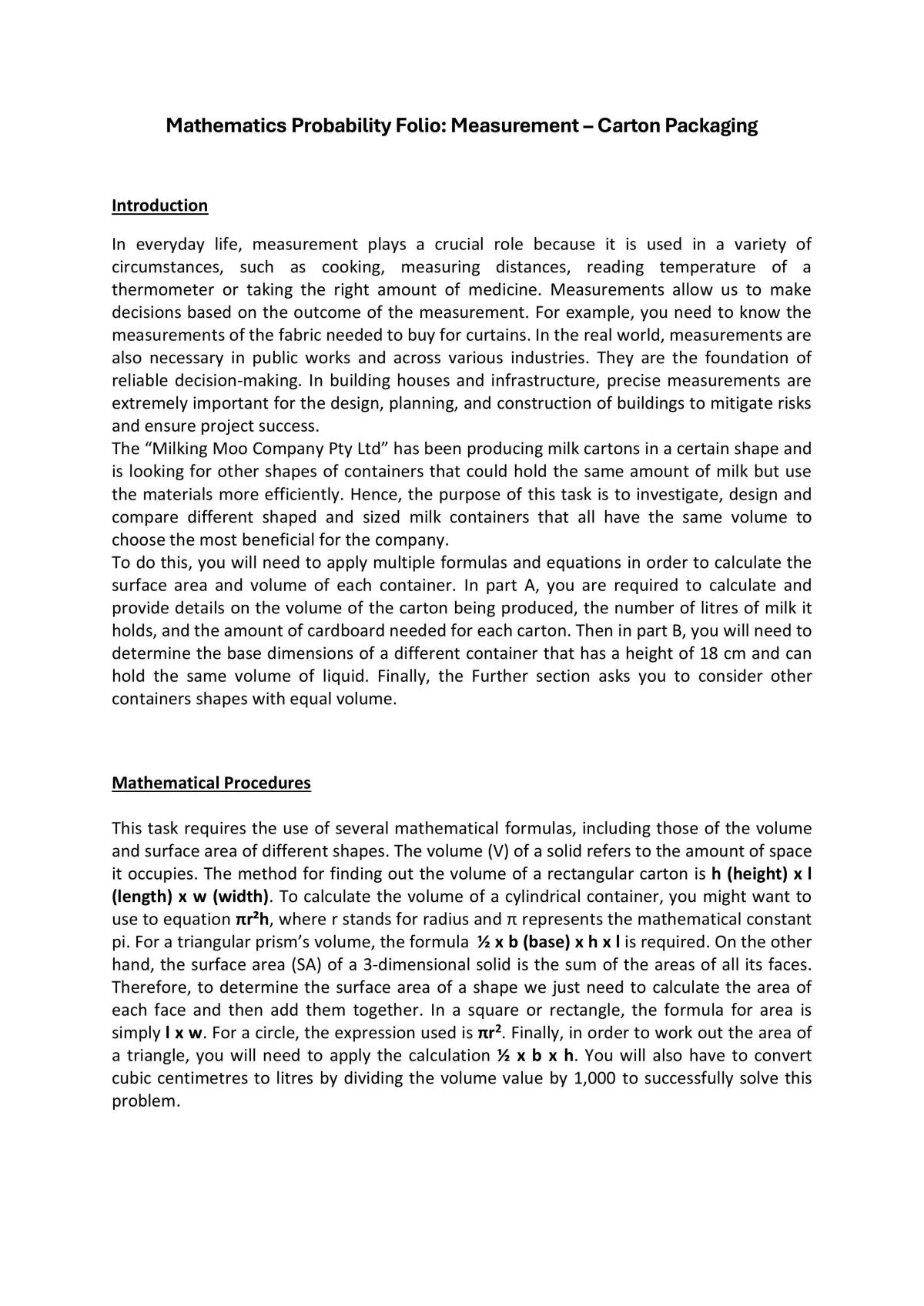 Mathematics Probability Folio: Measurement – Carton Packaging - Page 1