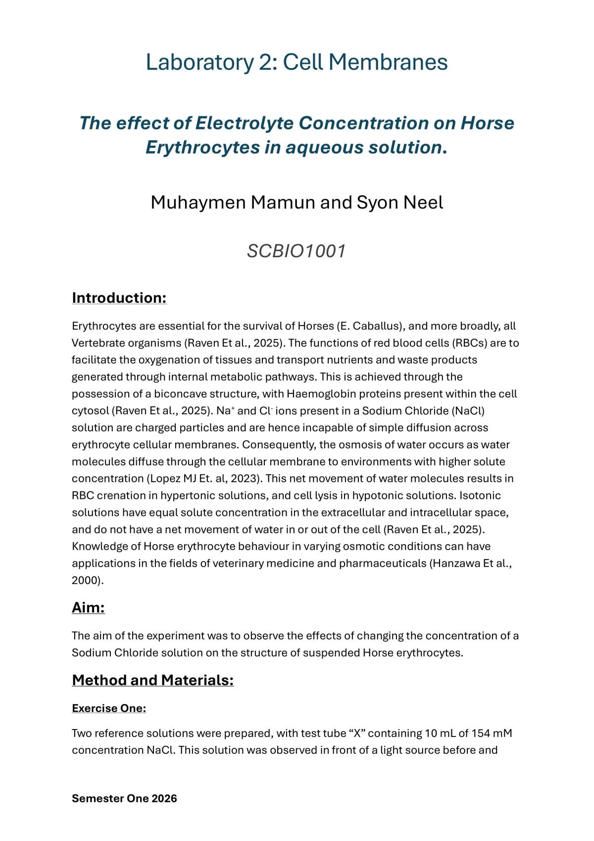 The effect of Electrolyte Concentration on Horse Erythrocytes in aqueous solution. - Page 1