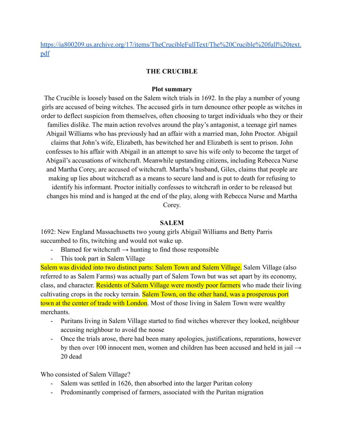 The Crucible Summary Notes  - Page 1