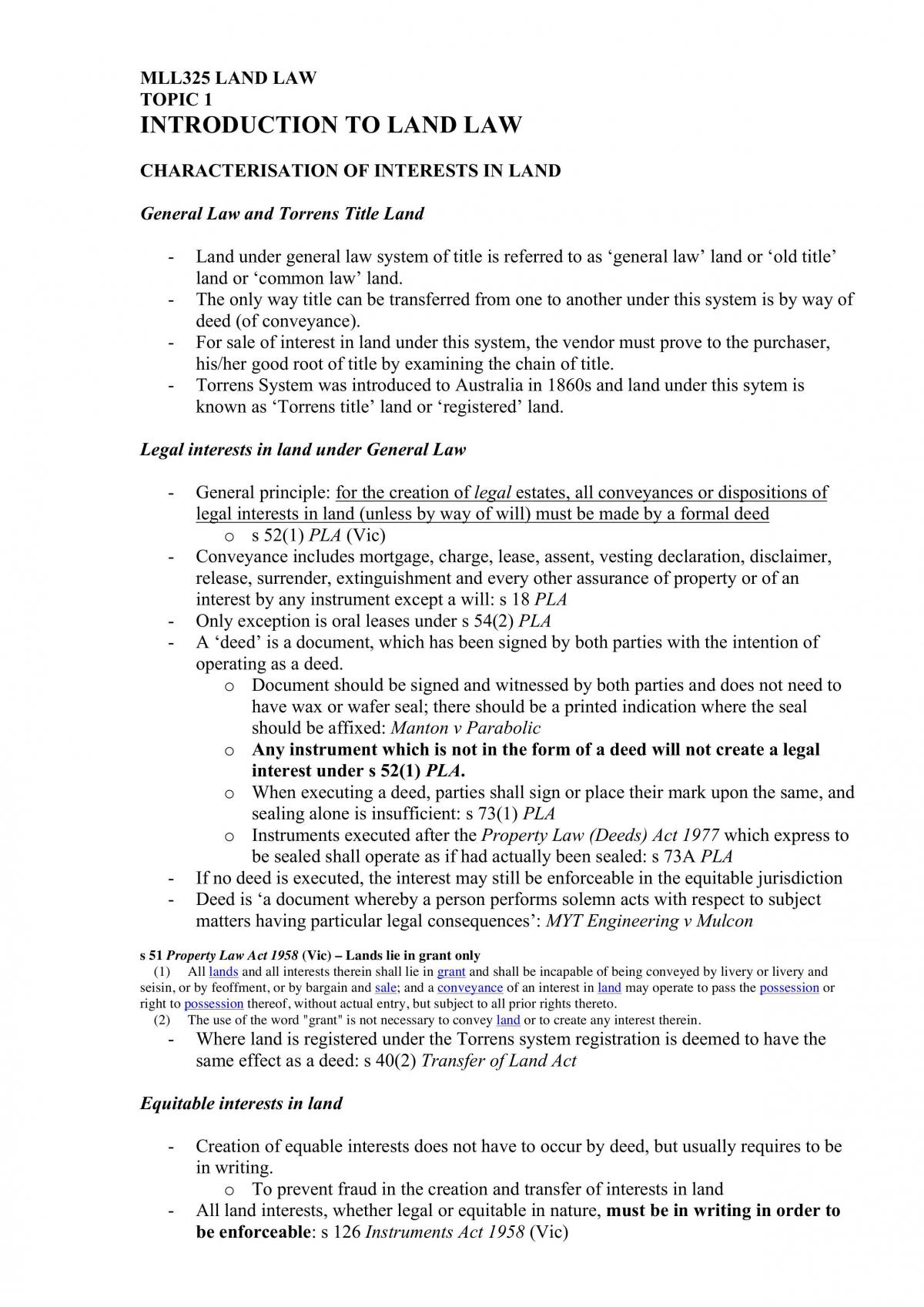 Land Law - MLL325 Notes - Page 1