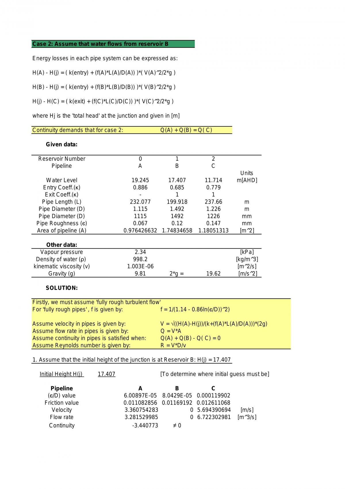 This Is The Solution To A Three Resovior Problem Given To Students In Cven2501 Its A Spread Sheet Very Easy To Use... - Page 1