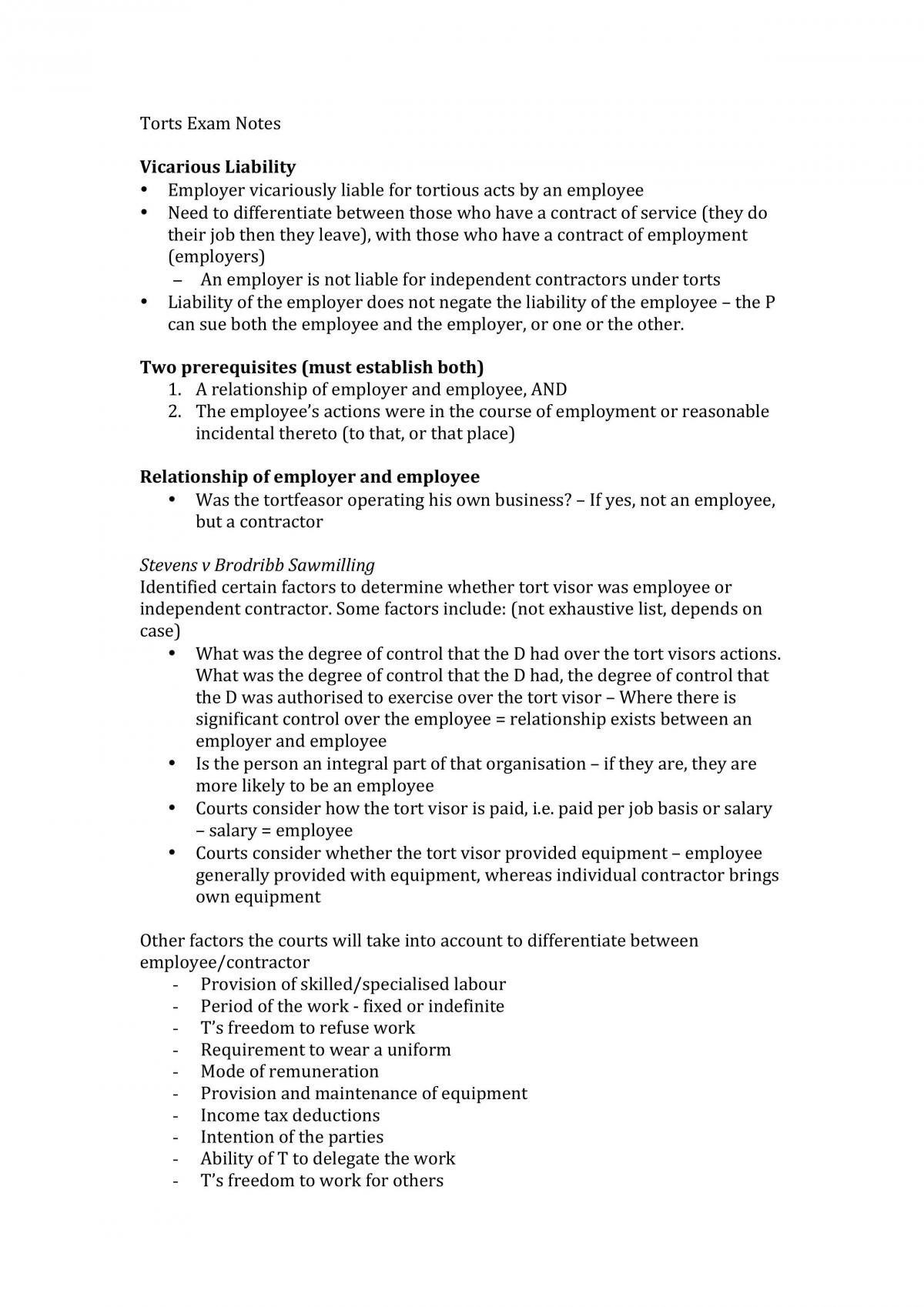 Extensive Torts Exam Notes. Assisted me in getting a HD for Exam.  - Page 1