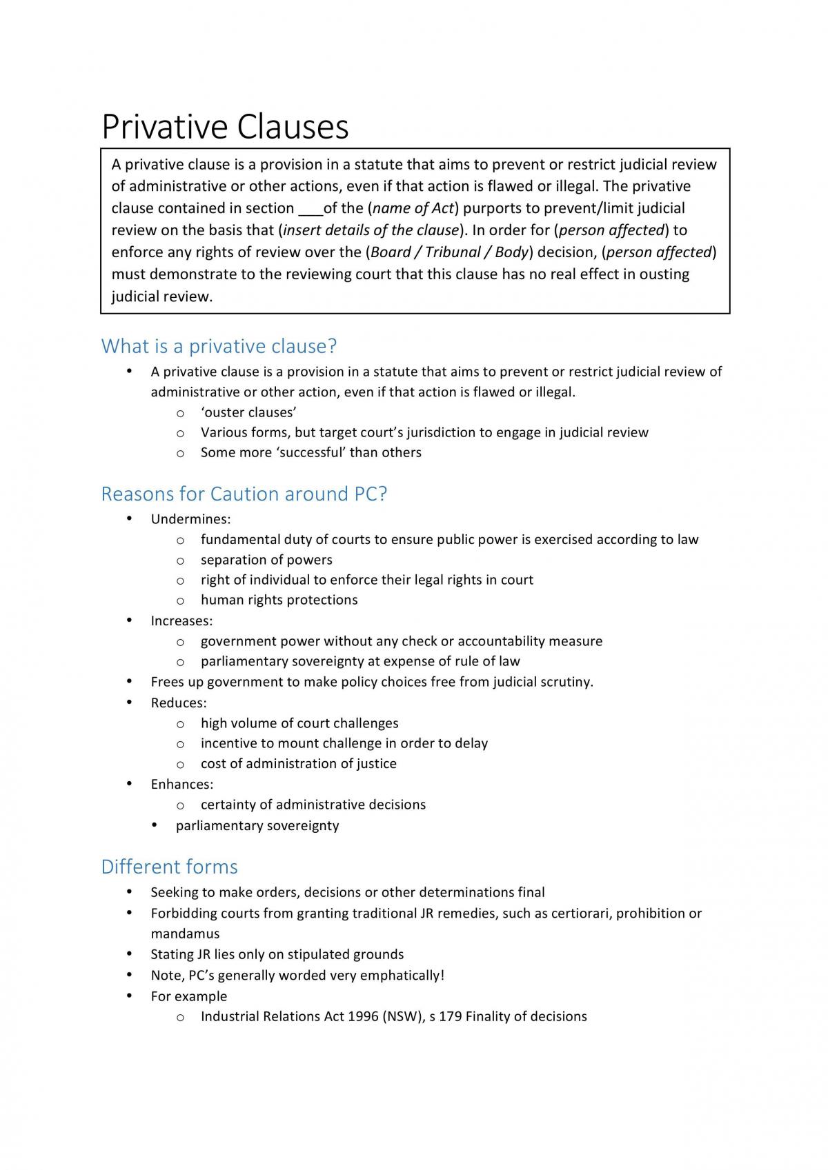 Privative Clauses Theory Notes - Page 1