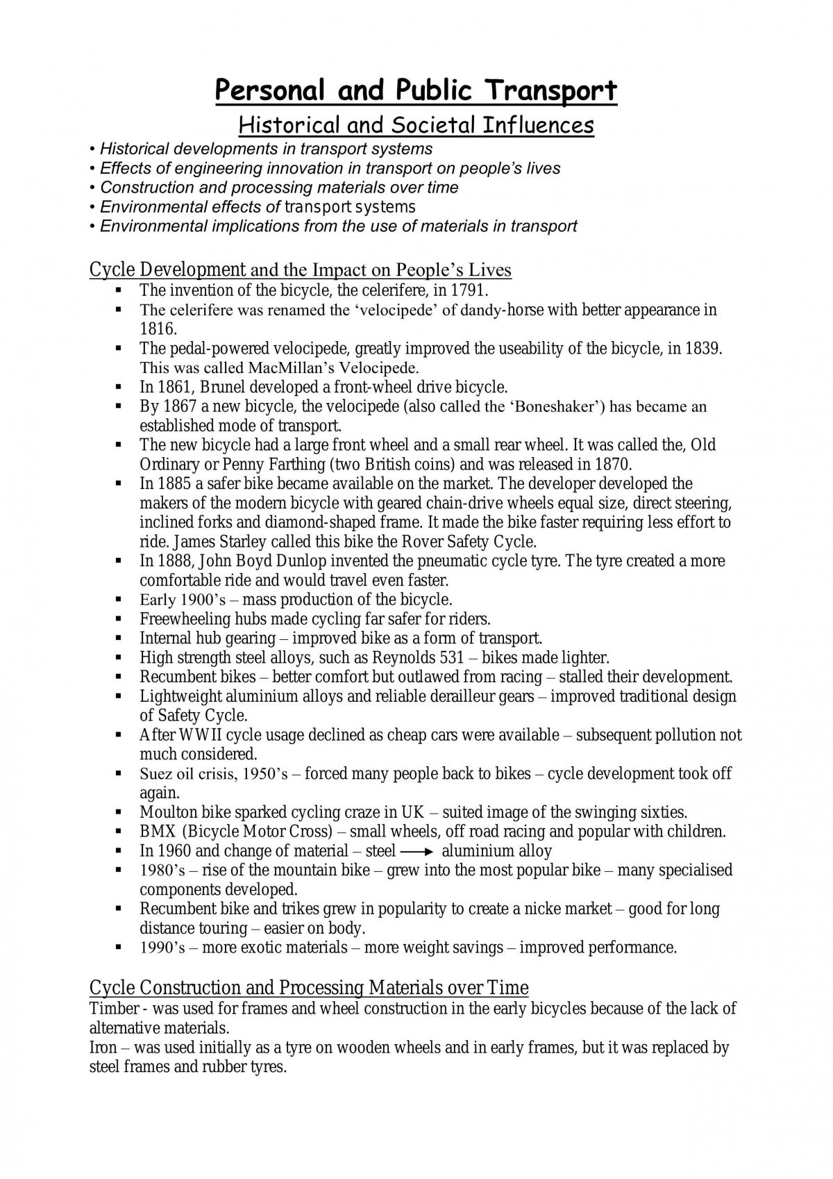 Engineering Studies Study Notes -  Personal and Public Transport - Page 1