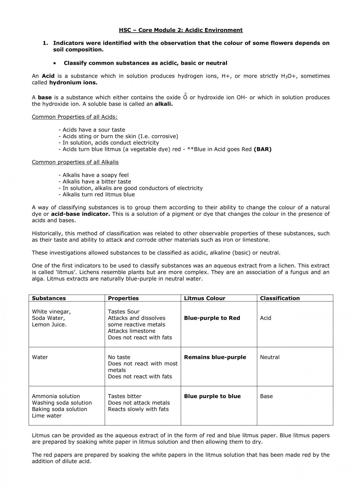 HSC Chemistry Module 2 The Acidic Environment Full Notes - Page 1