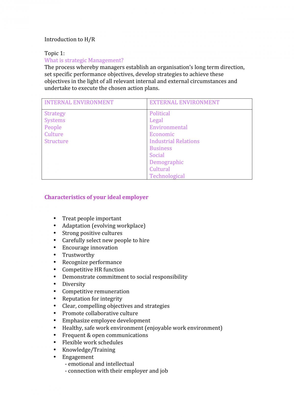 Human Resource Management Introduction Examination Notes  - Page 1