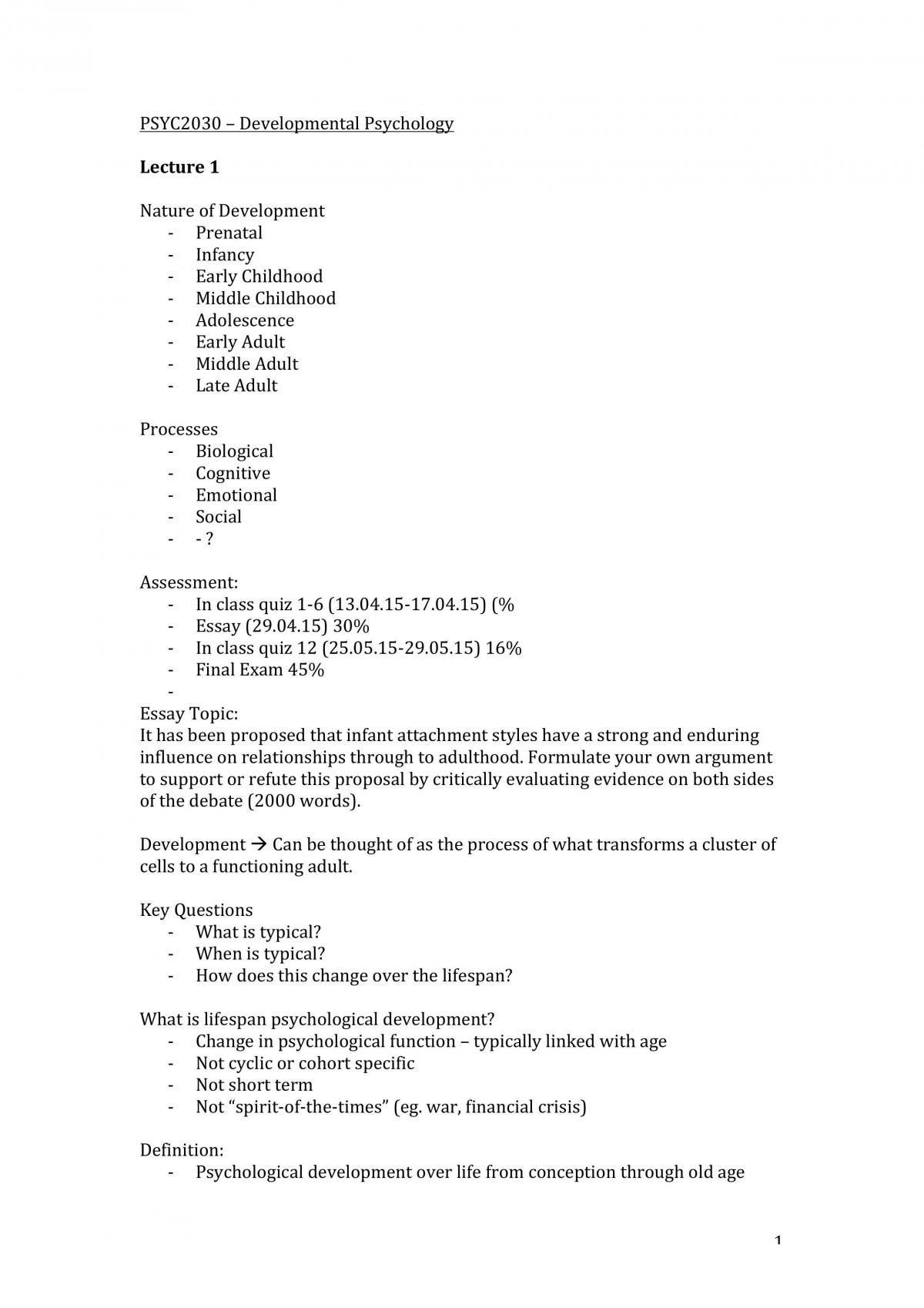 Complete Study Notes for PSYC2030 - Page 1