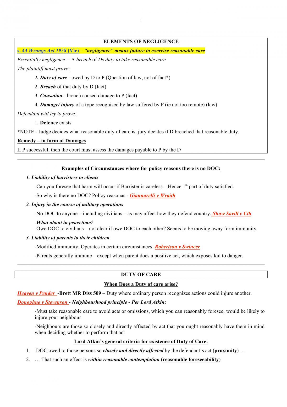 Torts B Negligence Notes - Page 1