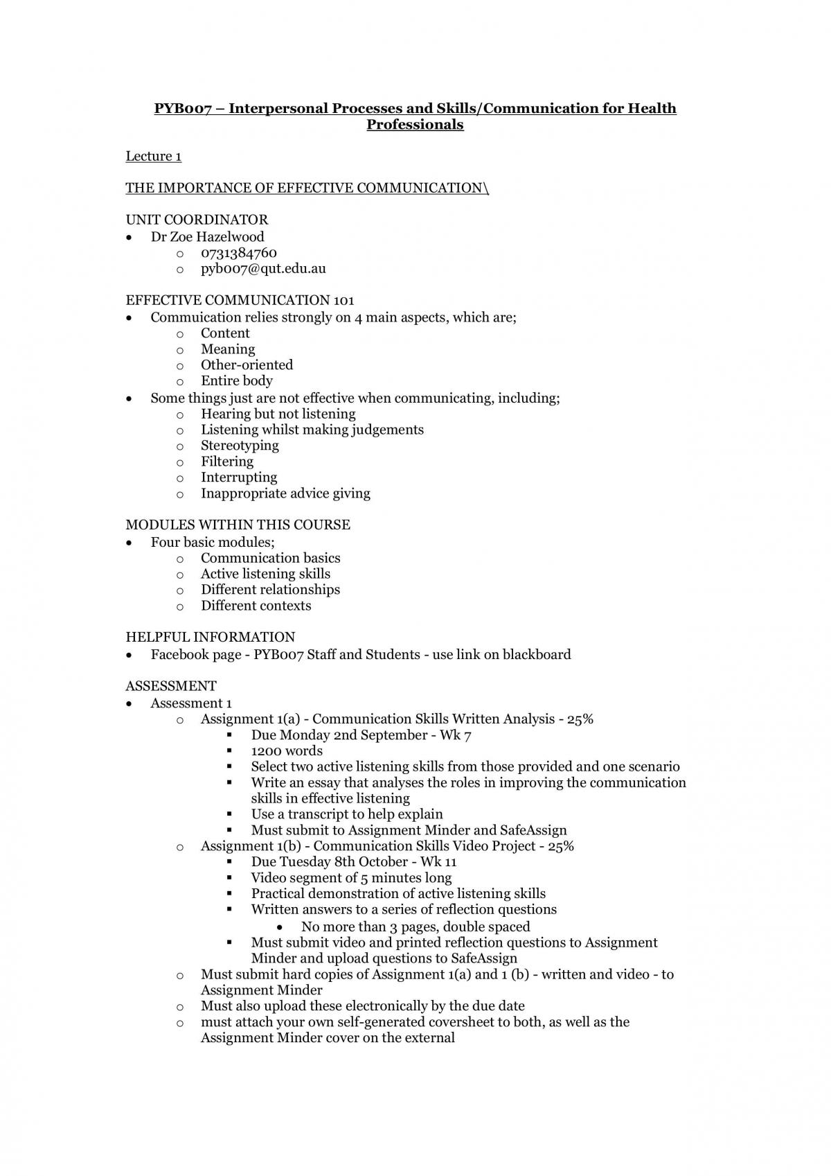 Interpersonal Processes and Skills/Communication for Health Professionals Complete Study Notes - Page 1