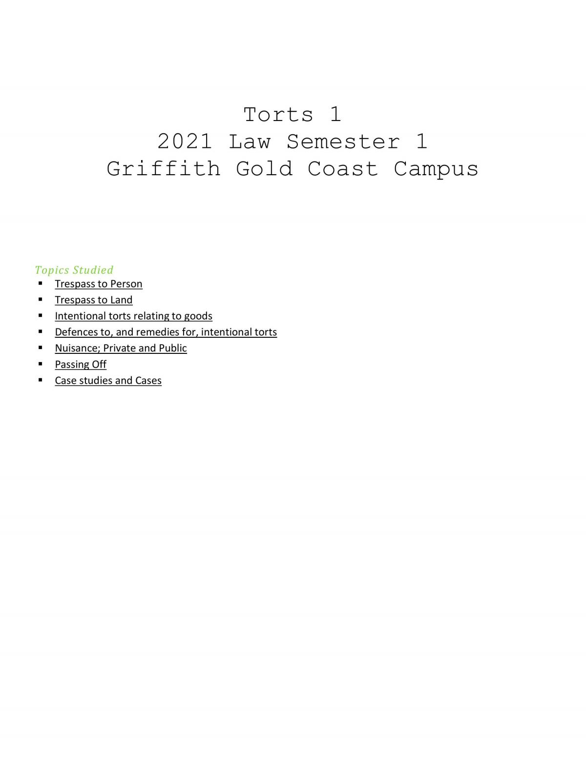 Exam Notes for Torts 1 - Page 1
