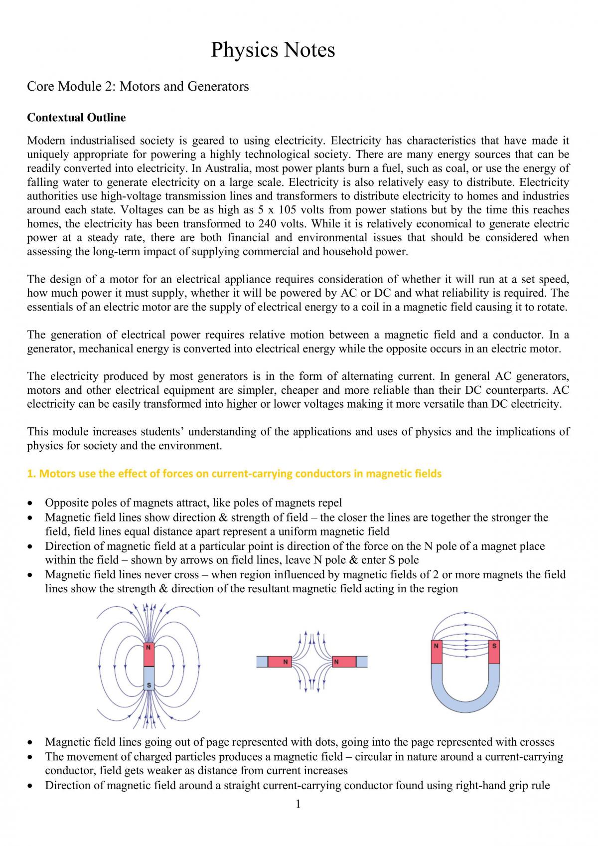 Hsc Physic Syllabus Notes On Motors And Generators - Page 1