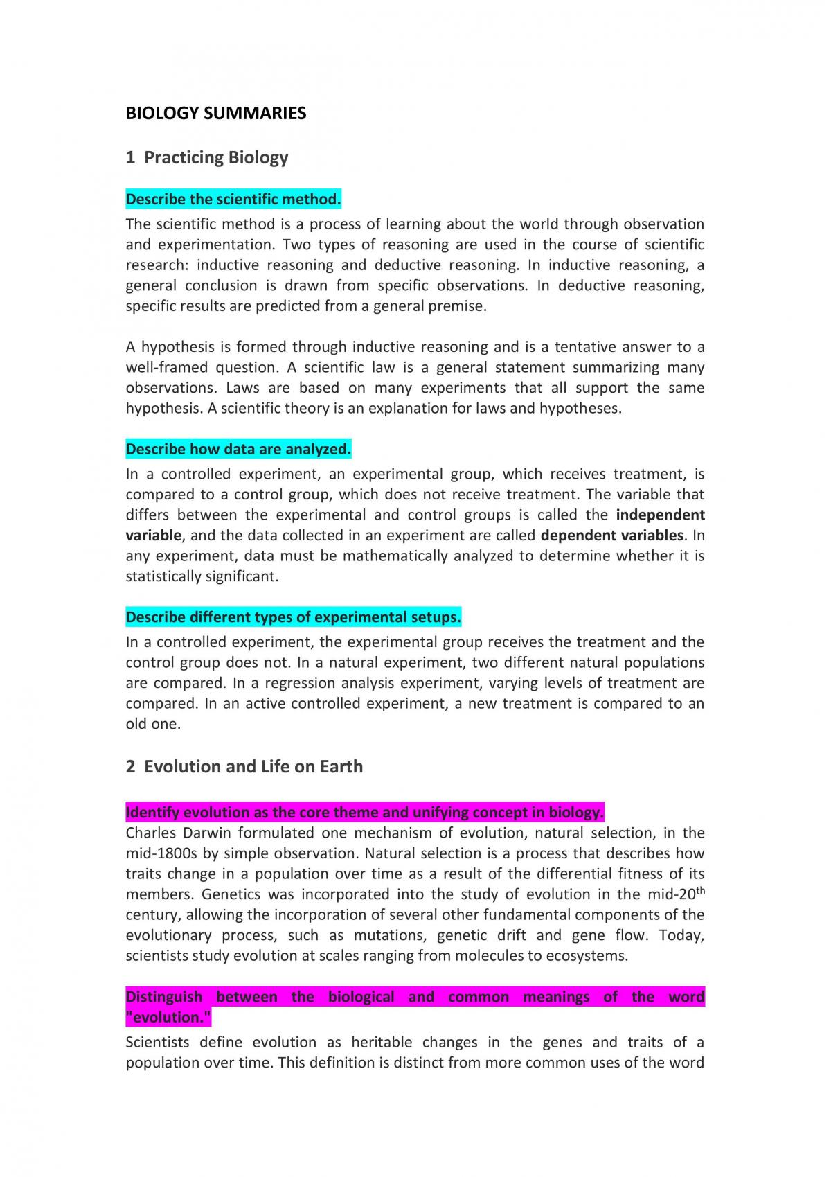Biology 115 Unit Summary - Page 1