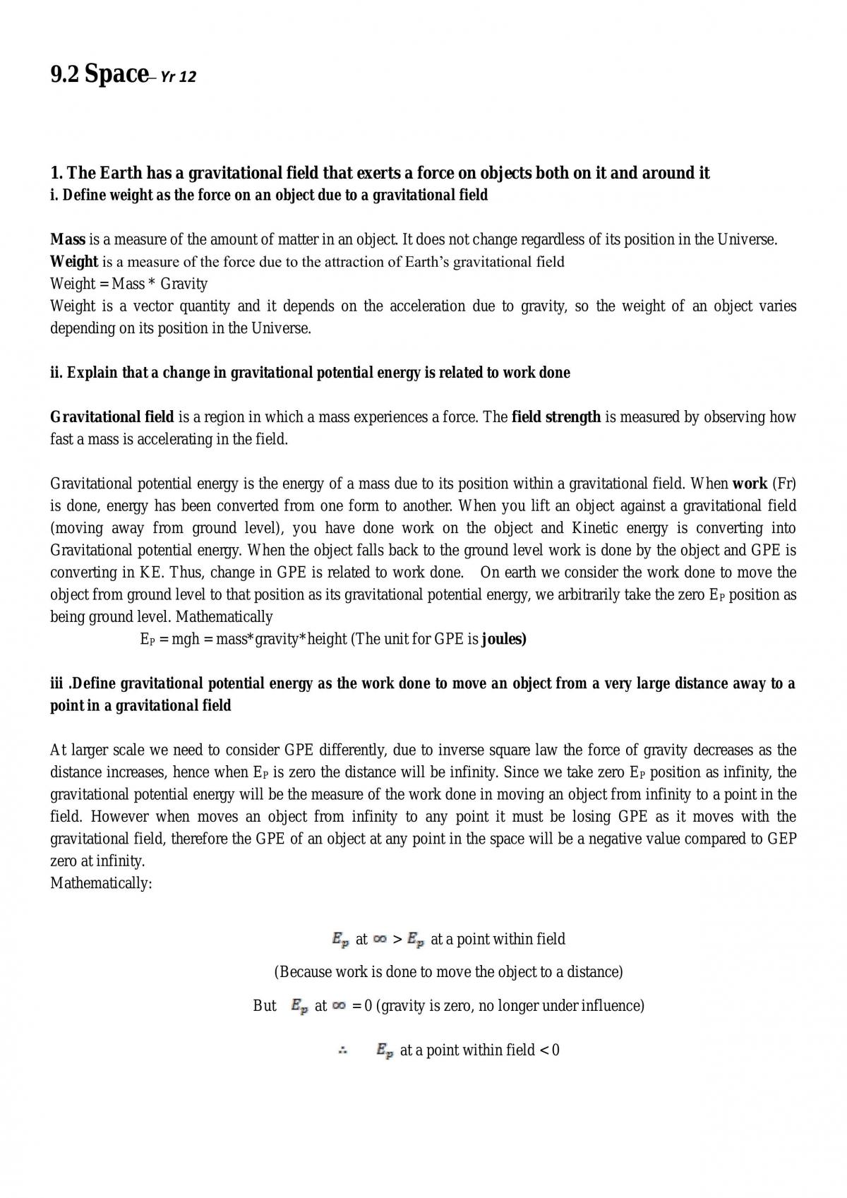 9.2 - Space - Physics (Detailed and Helpful for Summary Notes) - Page 1