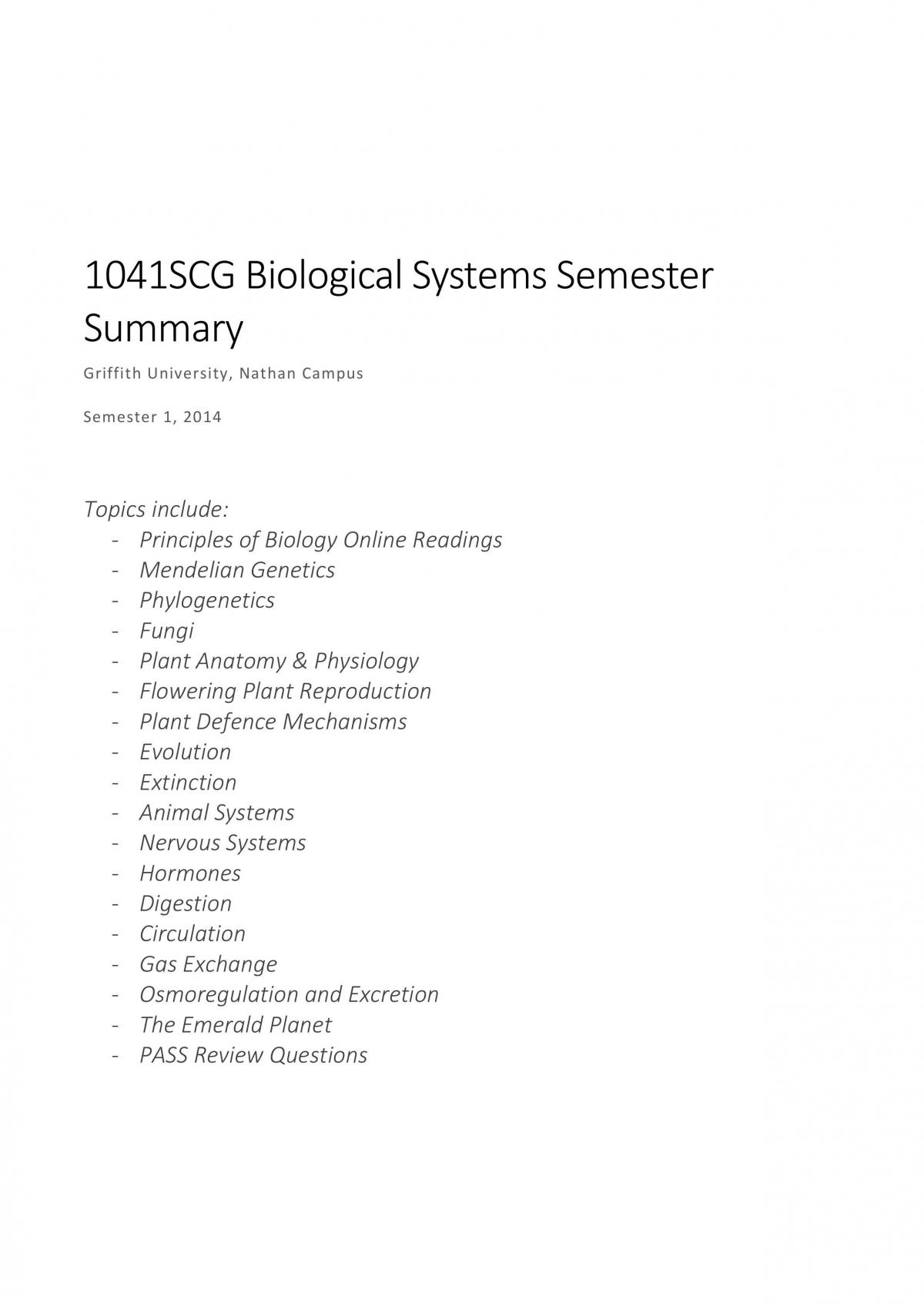 1041SCG Biological Systems Semester Summary - Page 1