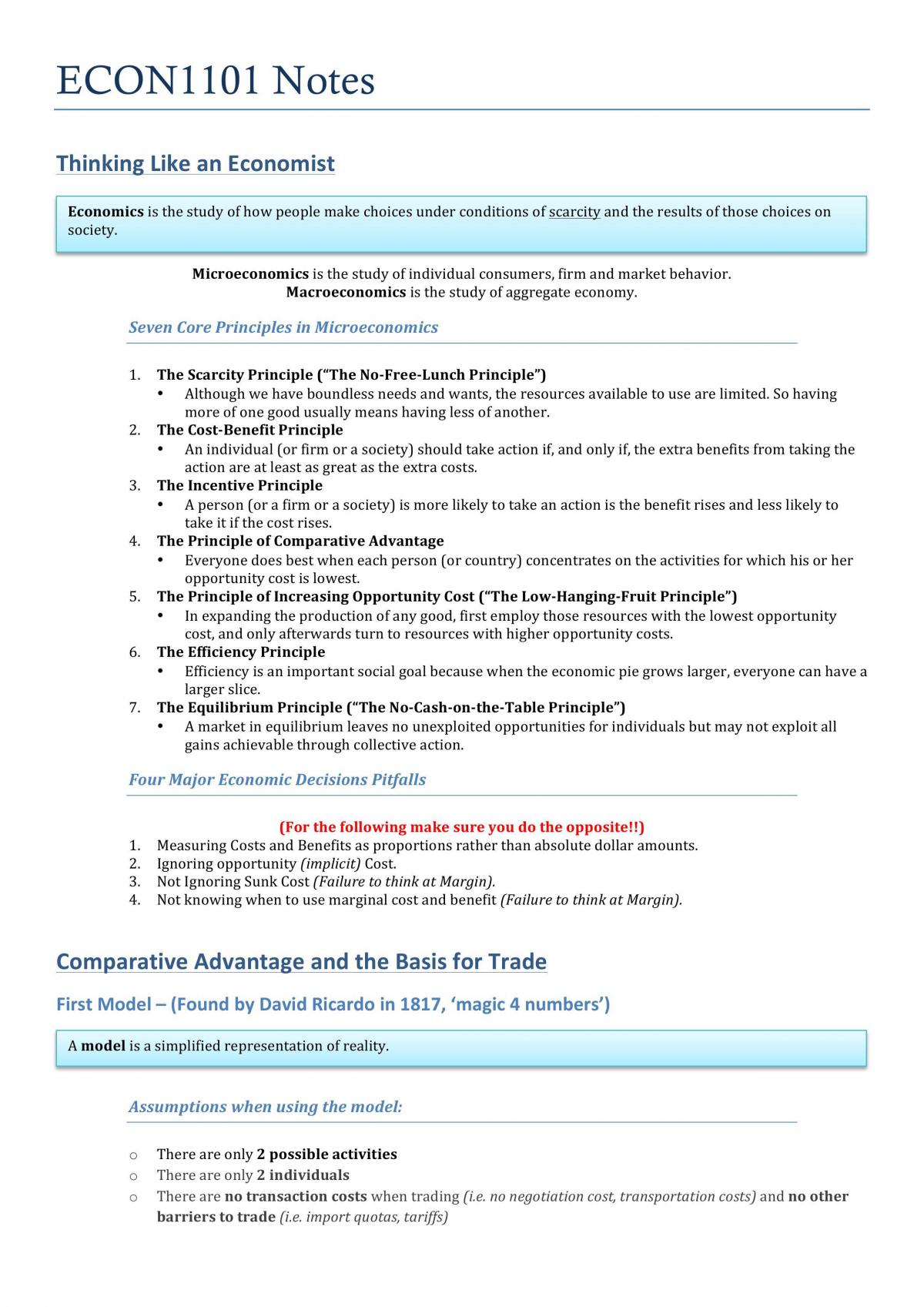 ECON1101 Summary Notes - Page 1