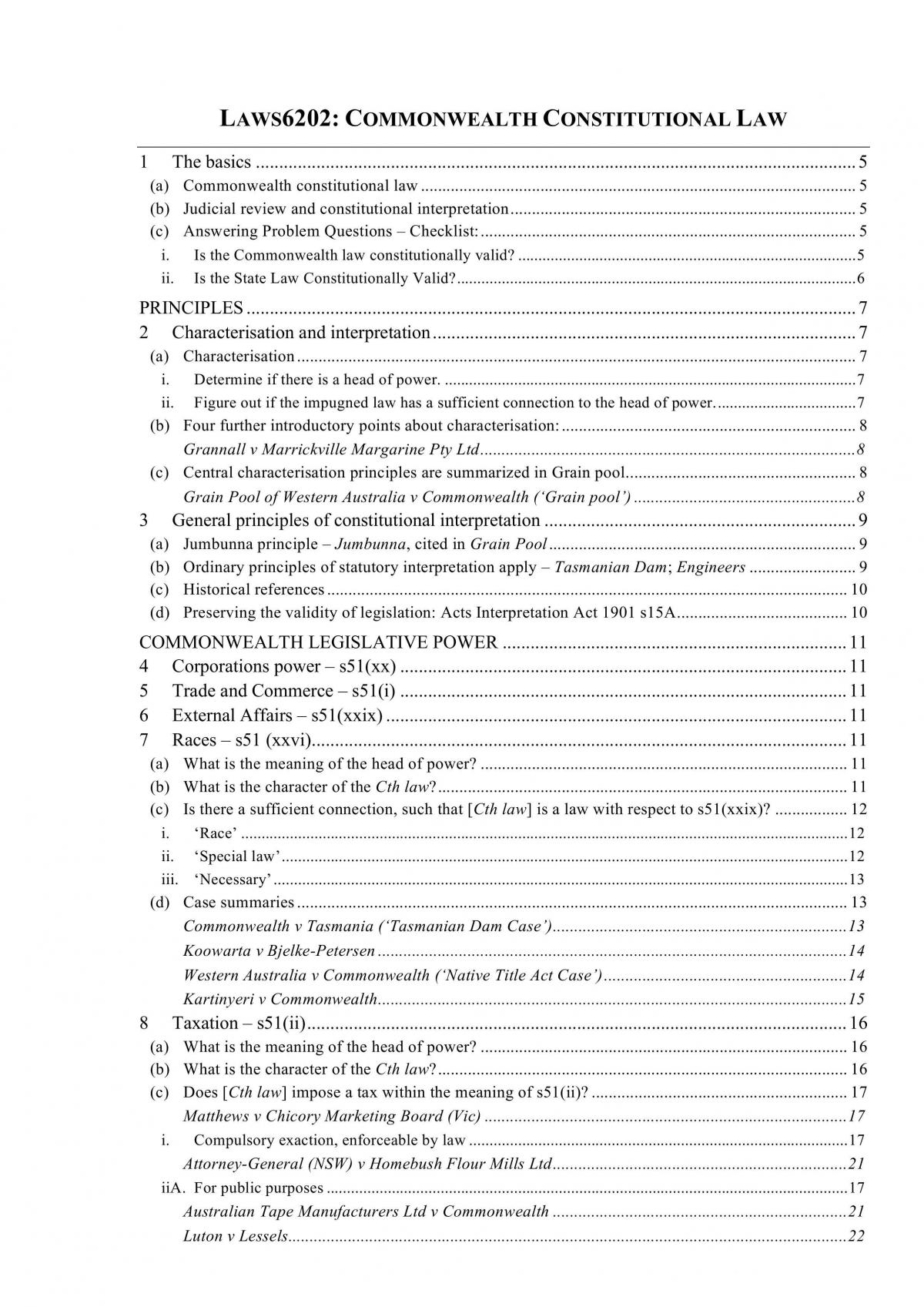 Complete notes for ANU Commonwealth Constitutional Law - ready for exam and case notes. - Page 1