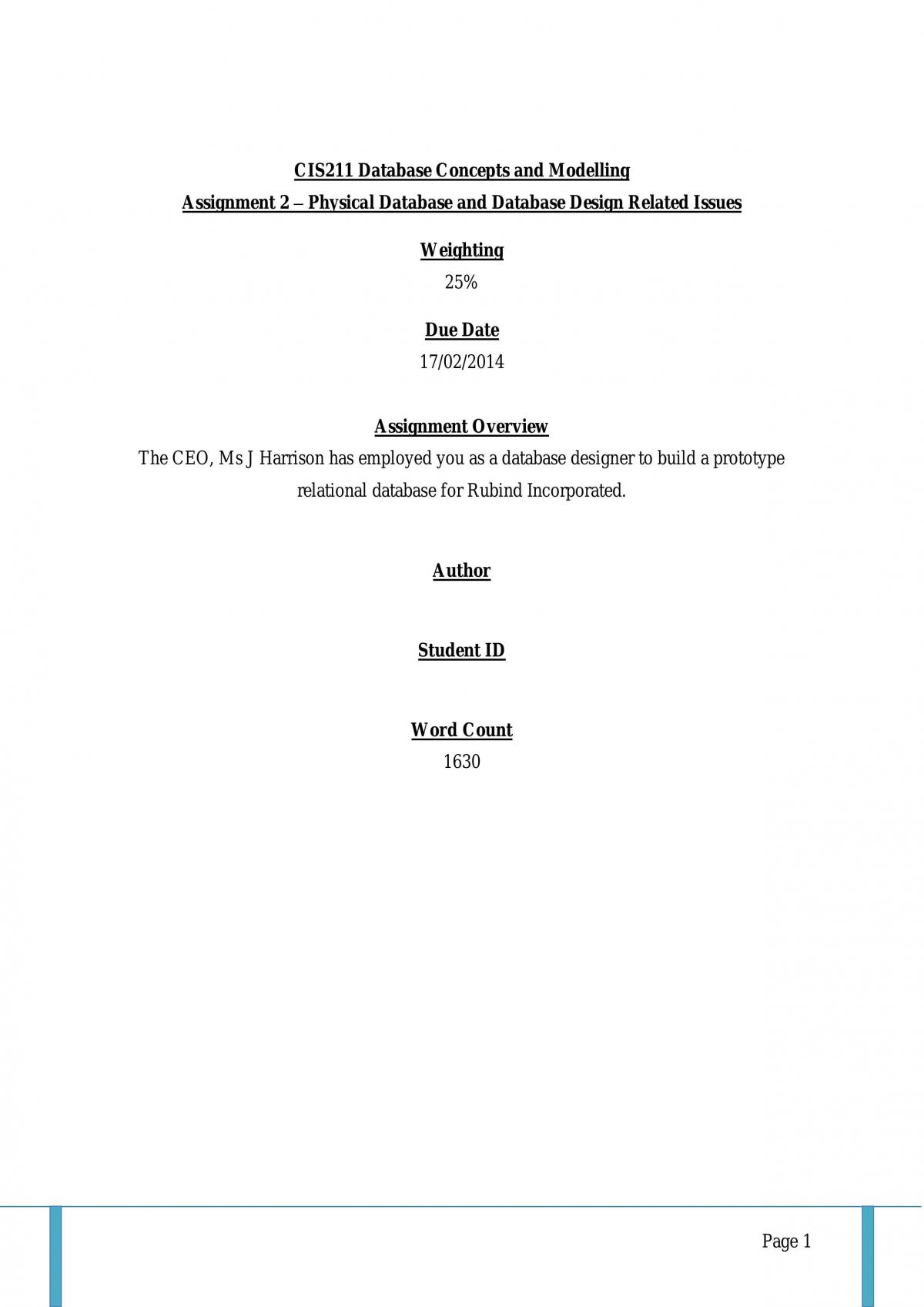 Assignment 2 – Physical Database and Database Design Related Issues - Page 1