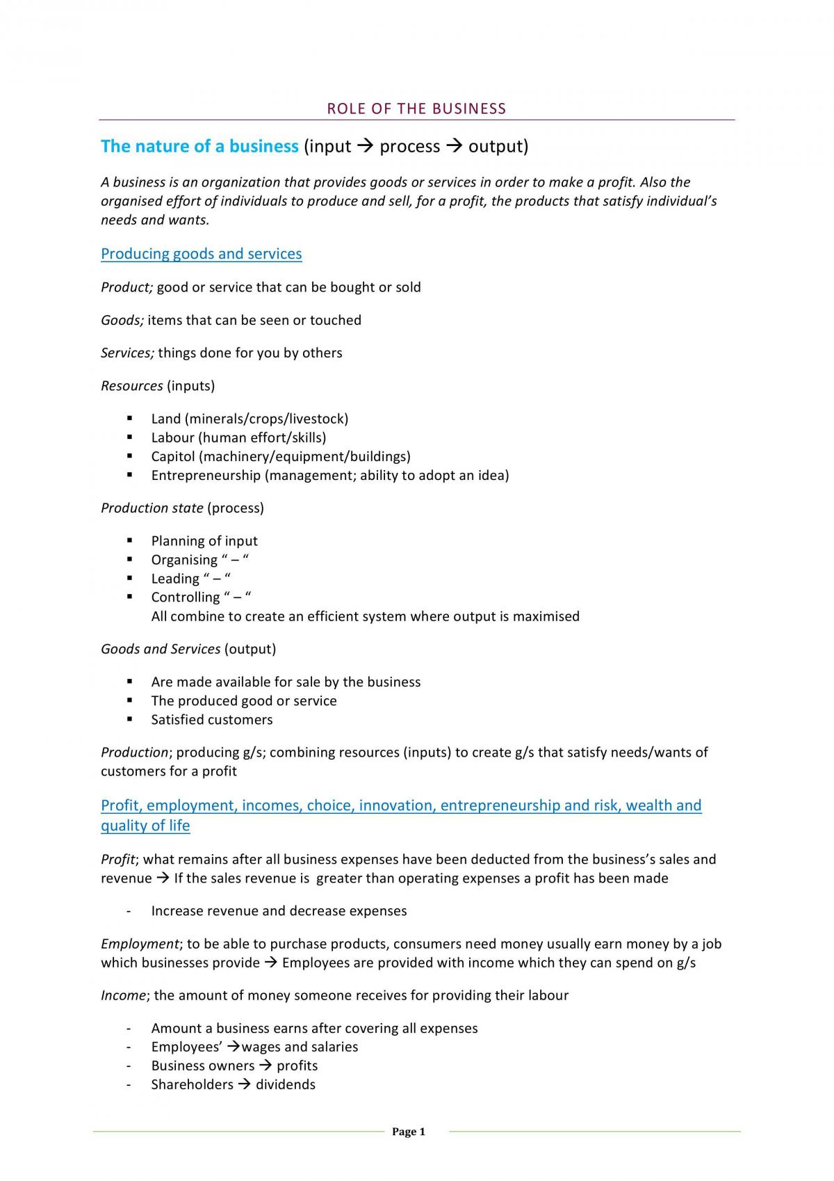 Year 11 Business Studies Notes  - Page 1