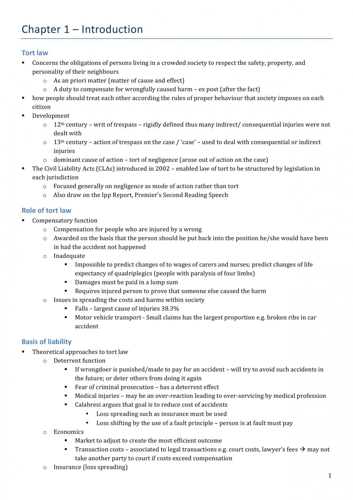 Exam Notes for Torts  - Page 1