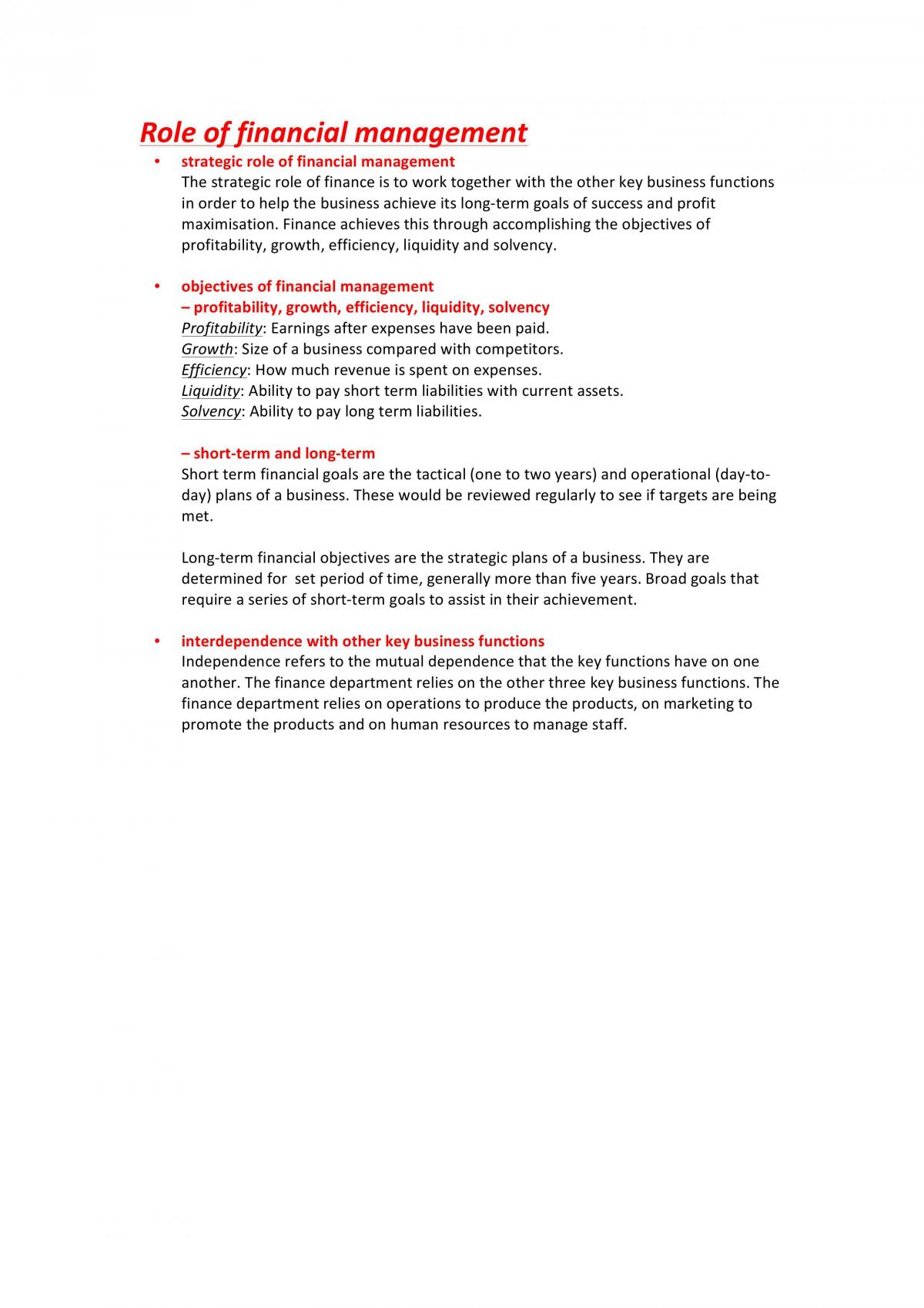 Business Studies HSC Finance Topic Notes - Page 1