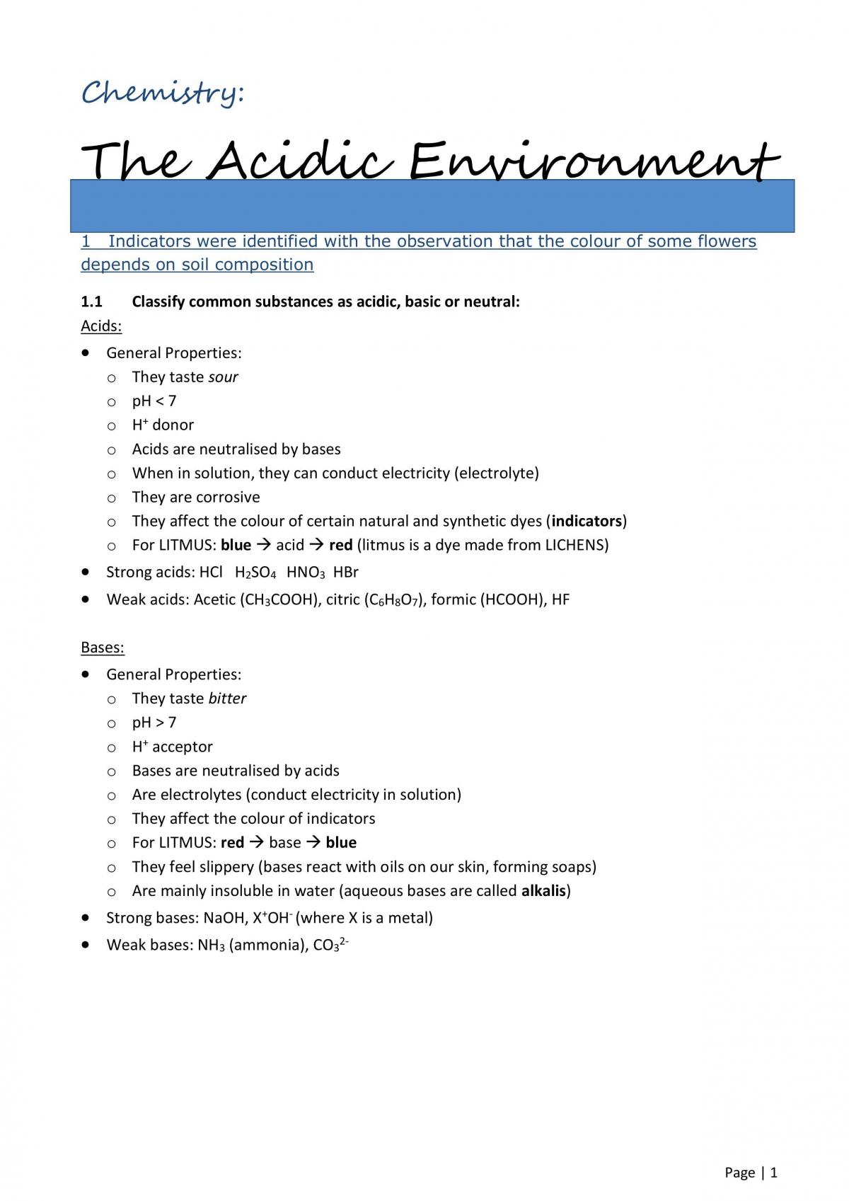 Acidic Environment Notes - Page 1