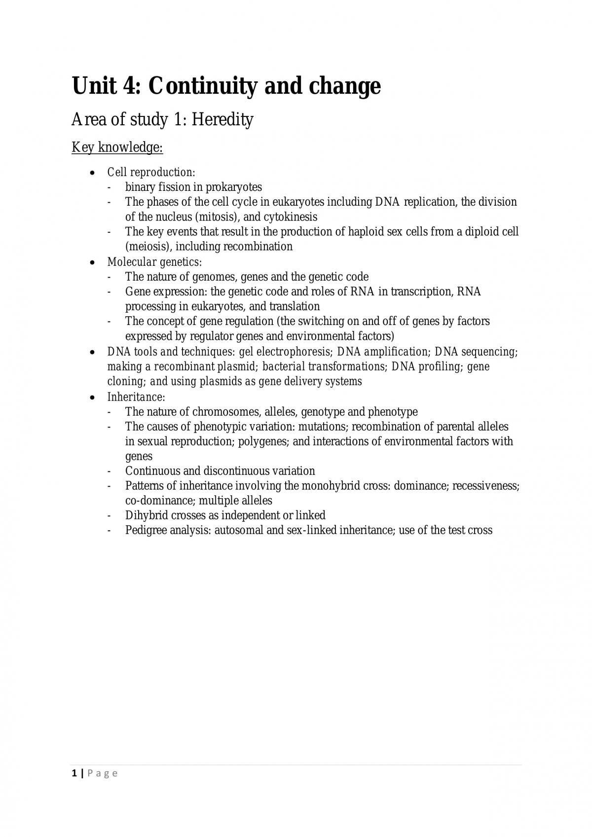 VCE Biology Unit 4 Complete Notes - Page 1