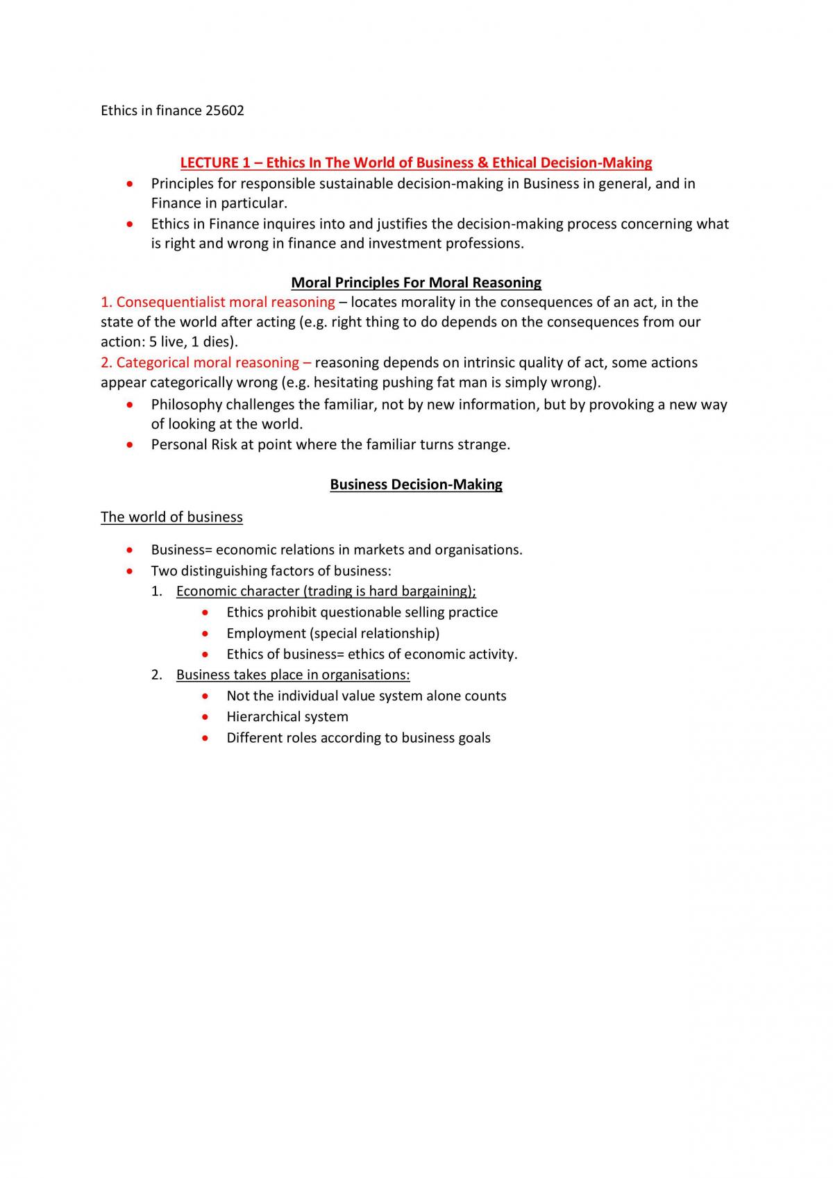 Ethics in Finance Lectures 1,3,4,5 - Page 1