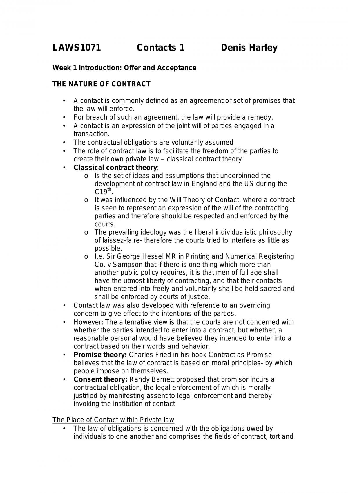 Contracts 1: Agreement And Consideration Notes - Page 1