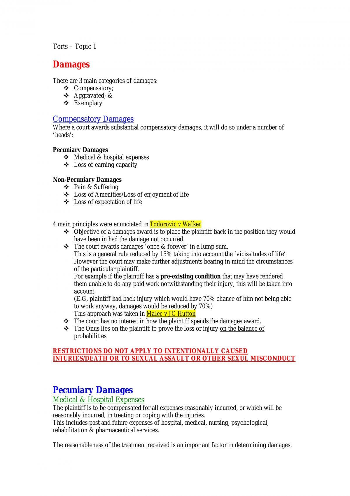 Torts Notes,  Basic Good Overview Of Deakin Course - Page 1