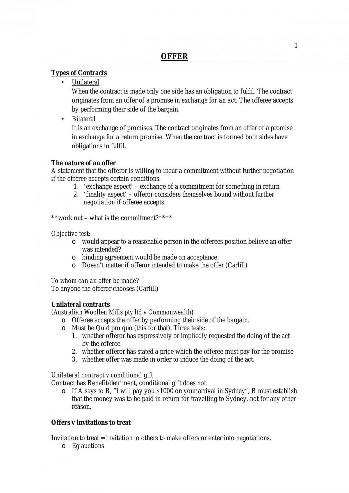 Exam Notes For First Semester Contracts. - Page 1