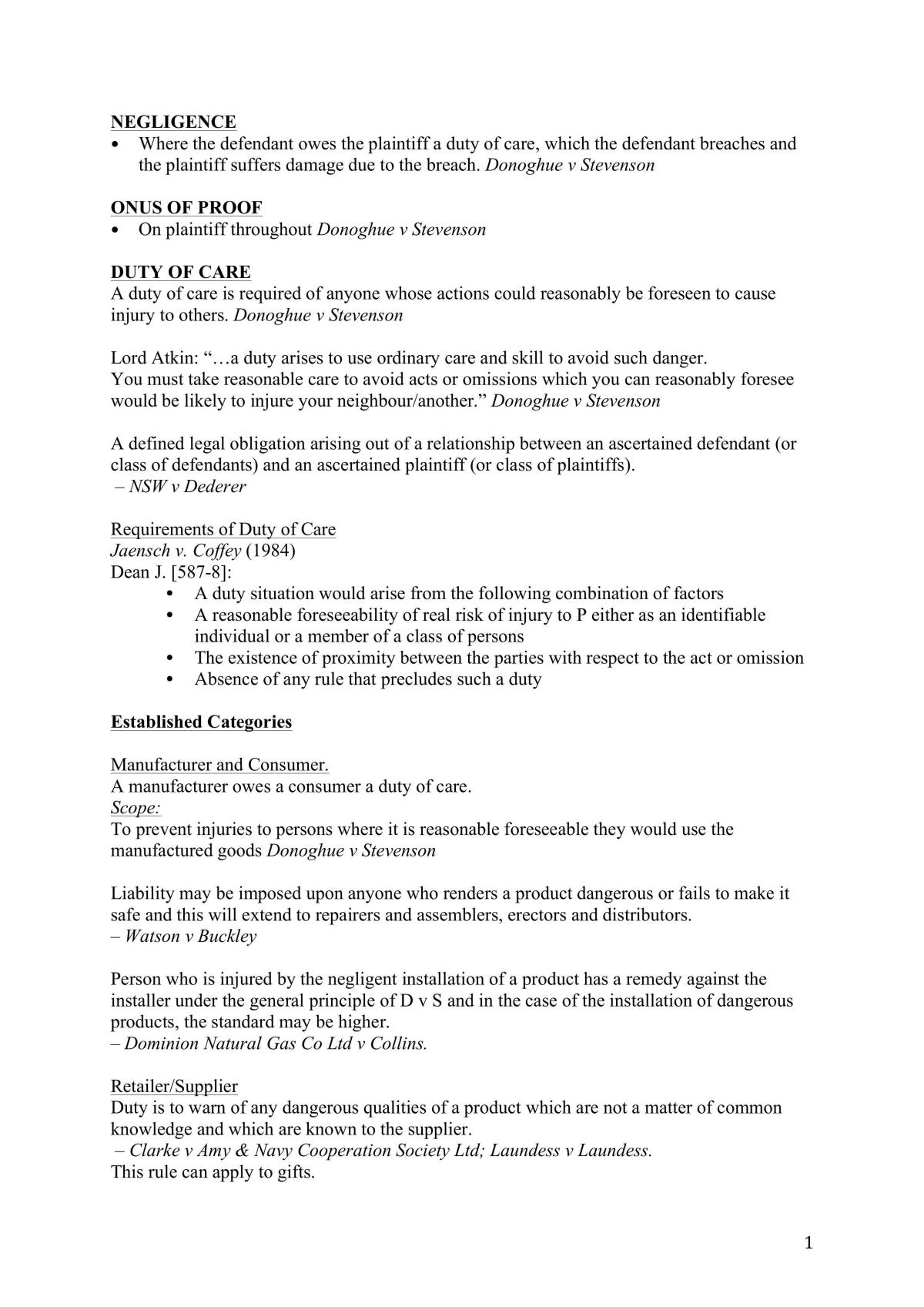 Torts 1 - Study/Exam Notes - Page 1