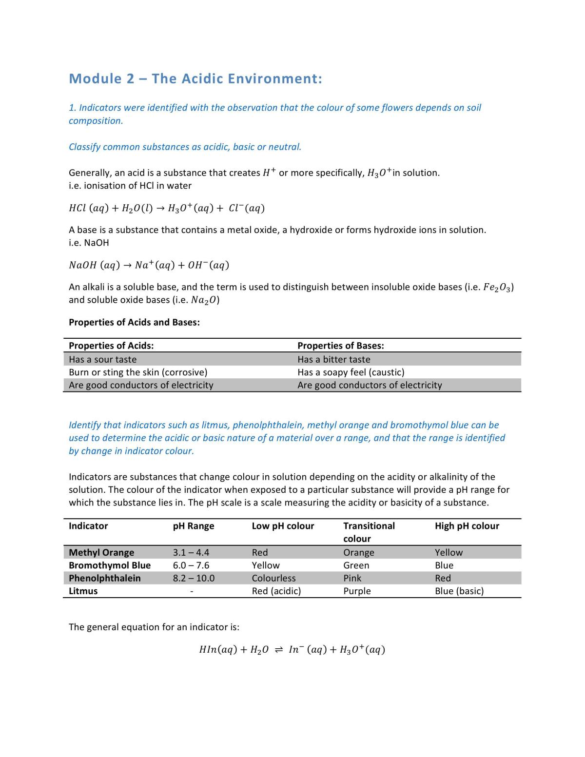 HSC Chemistry Topic 2 Acidic Environment Full Study Notes - Page 1