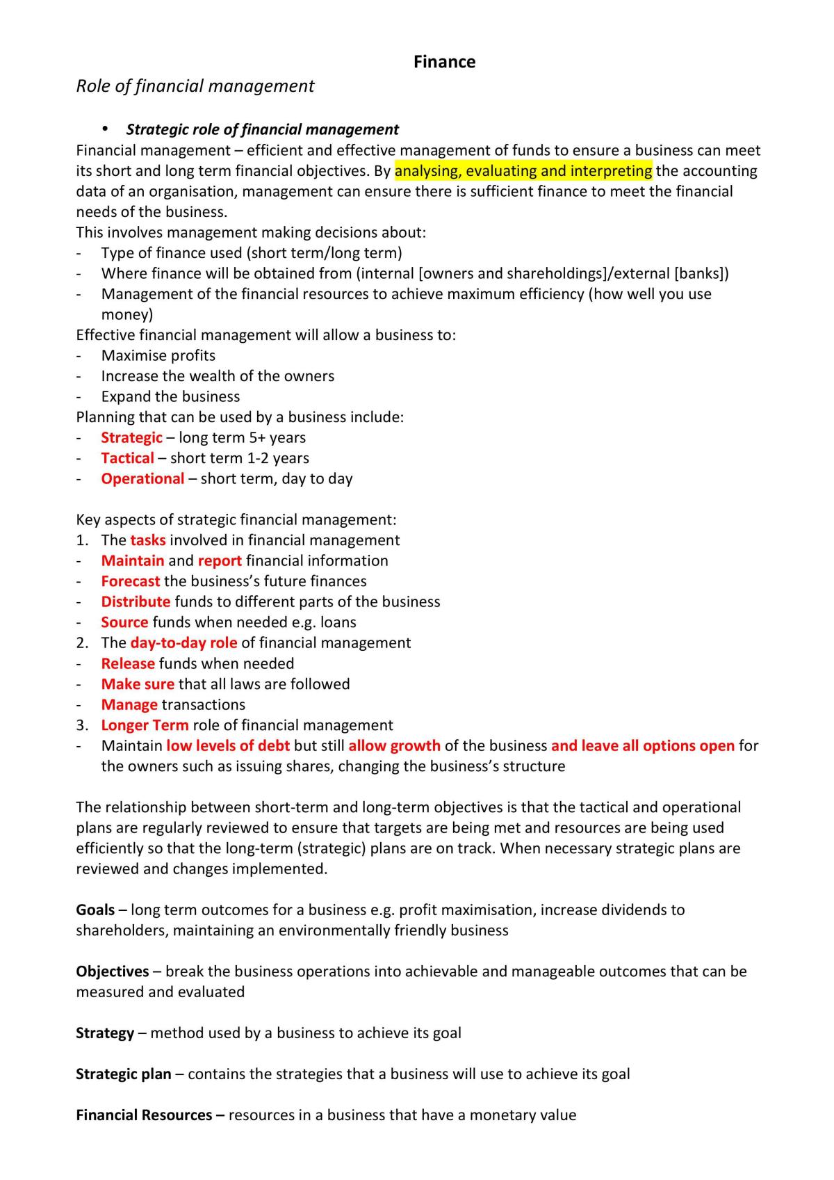 Finance Summary  - Page 1