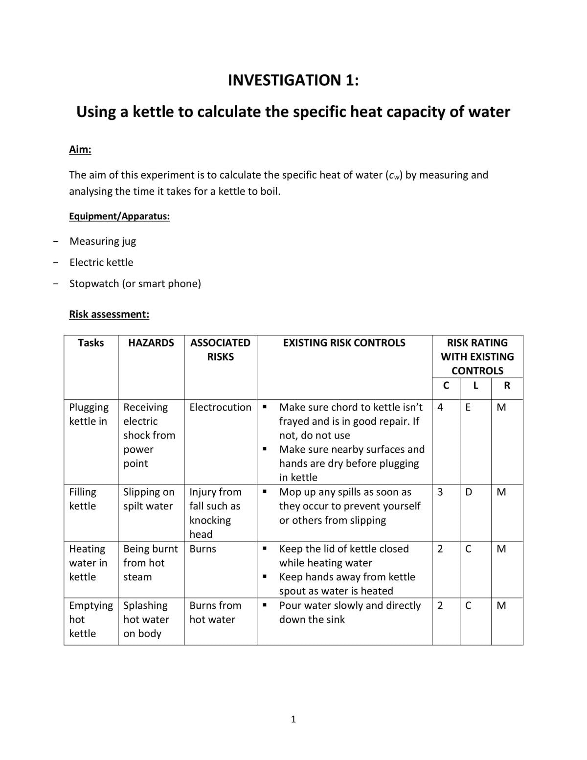 PHYS110 Investigation 1 - Page 1