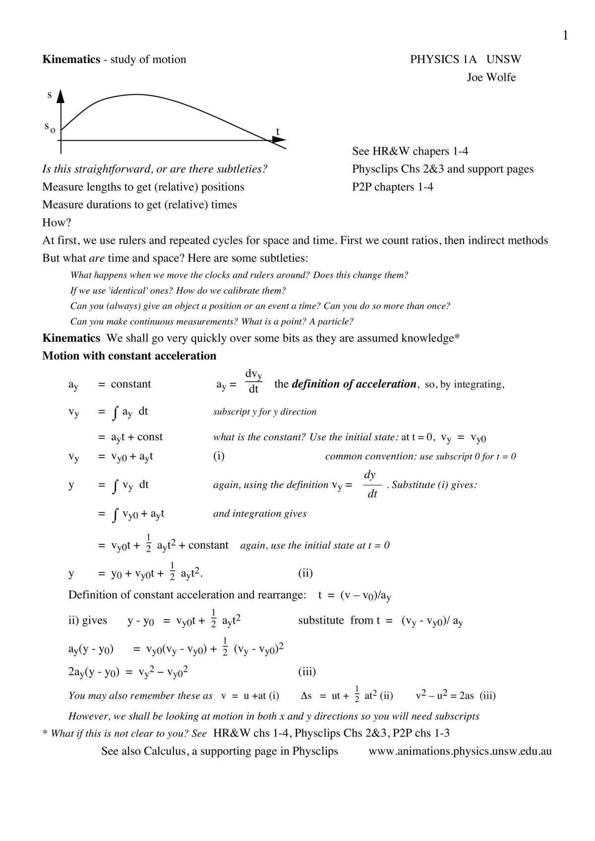 PHYS1131 Kinematics Notes - Page 1