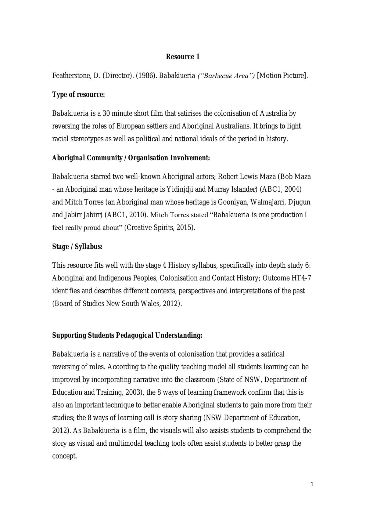 Aboriginal Education Assignment - Page 1