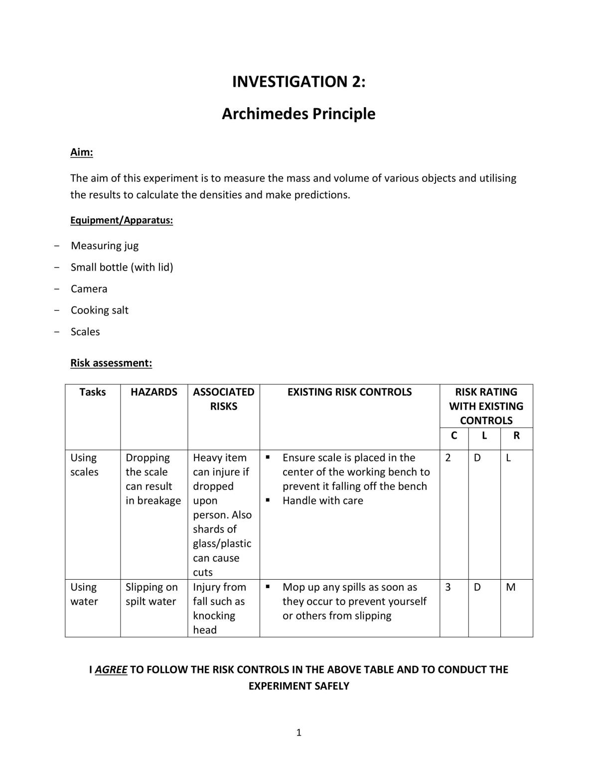 Investigation 2: Archimedes Principle - Page 1