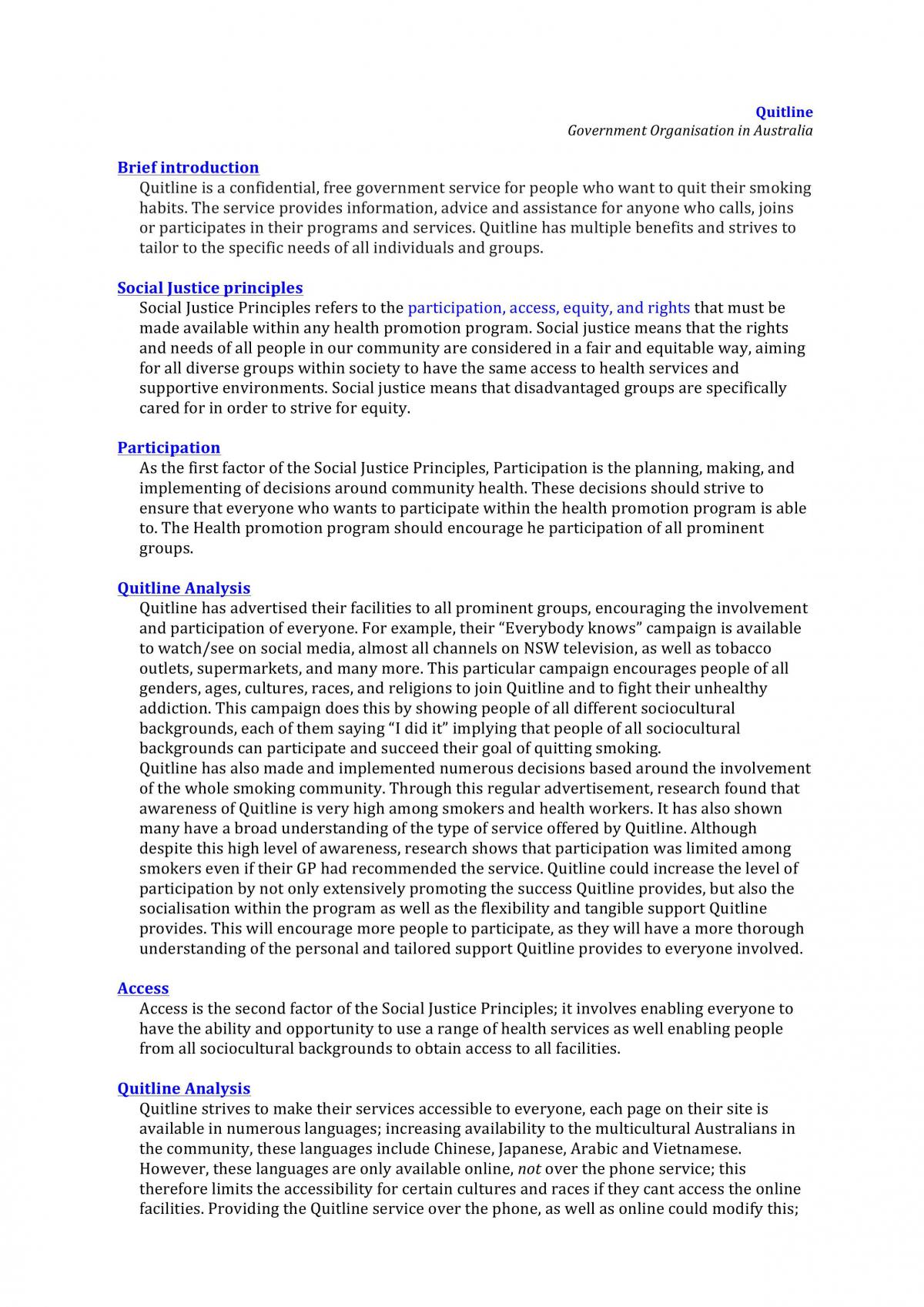 Ottawa Charter Analysis for Quit Line | Personal Development, Health and  Physical Education - Year 12 HSC