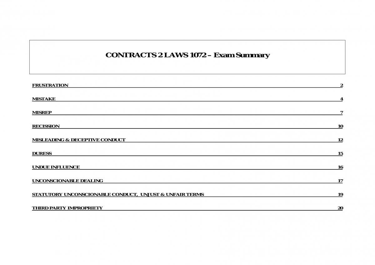Contracts 2 Exam Summary, 22 Pages, Landscape Table Layout,Topics: Frustration, Mistake, Misrepresentation, Misleading And Deceptive Conduct, Duress, Undue Influence, Unjust & Unfair Terms, Unconscionable Dealing, Third Party Impropriety. - Page 1