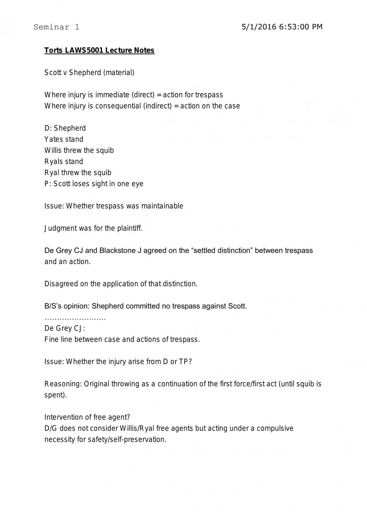 LAWS5001/1012 Torts Study Notes - Page 1