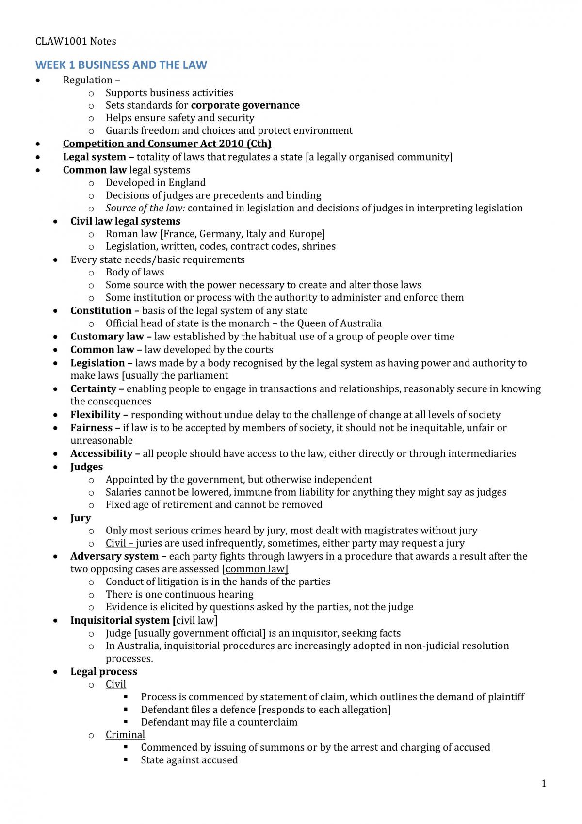 CLAW1001 Complete Course Notes - Page 1