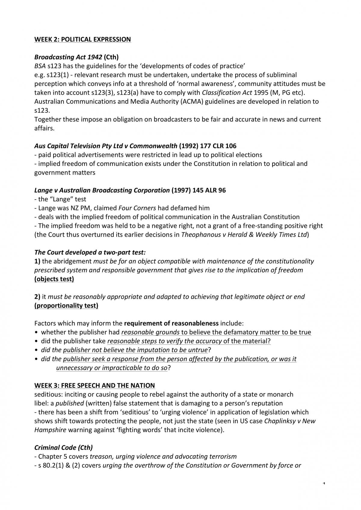 Media Law Notes - Weeks 2-7 - Page 1