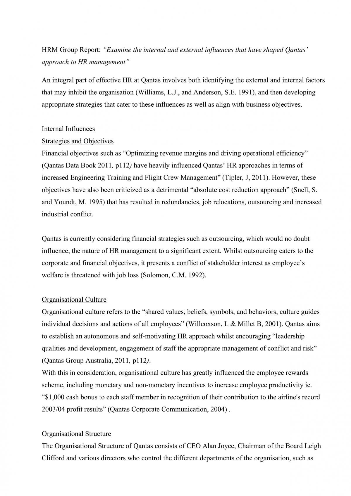 Essay on Human Resources - Case Study Qantas - Page 1