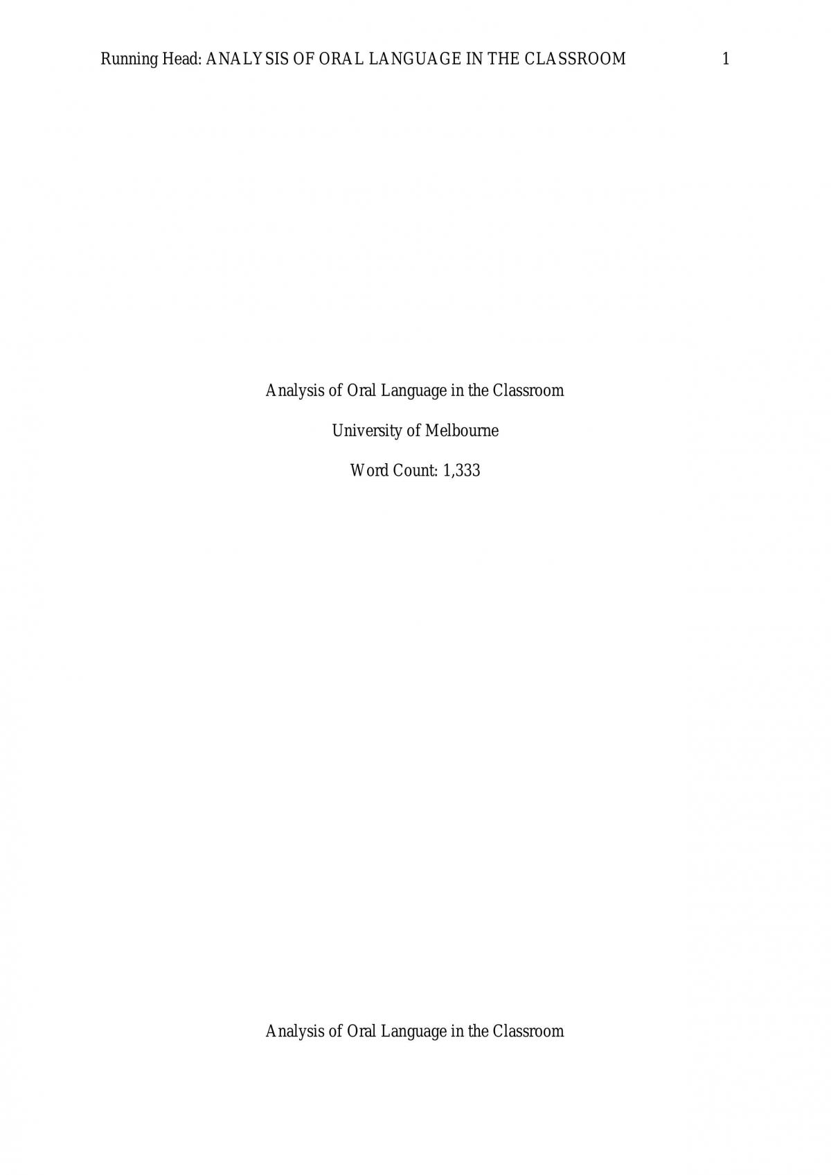 Language and Teaching Assignment - Analysis of Oral Language in the Classroom - Page 1