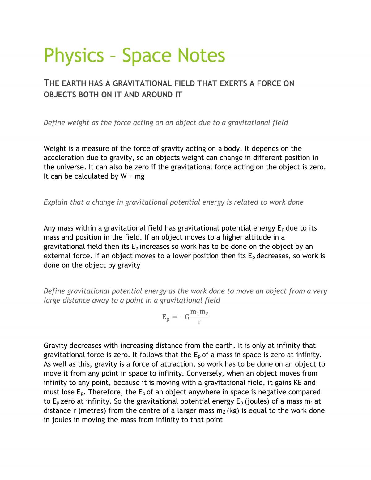 HSC Physics Notes on Space Module - Page 1