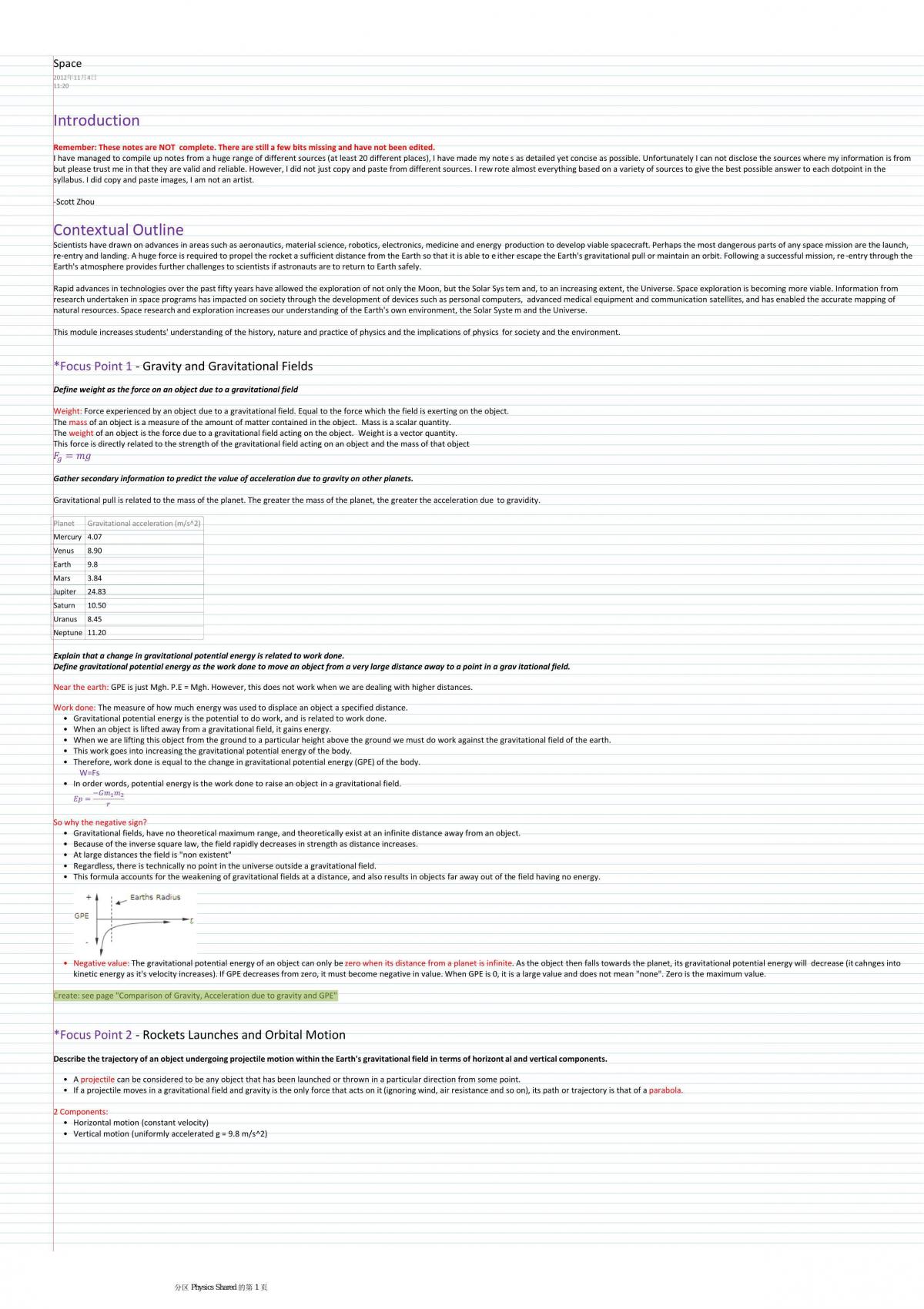 Space Module 1 Physics Notes - Page 1