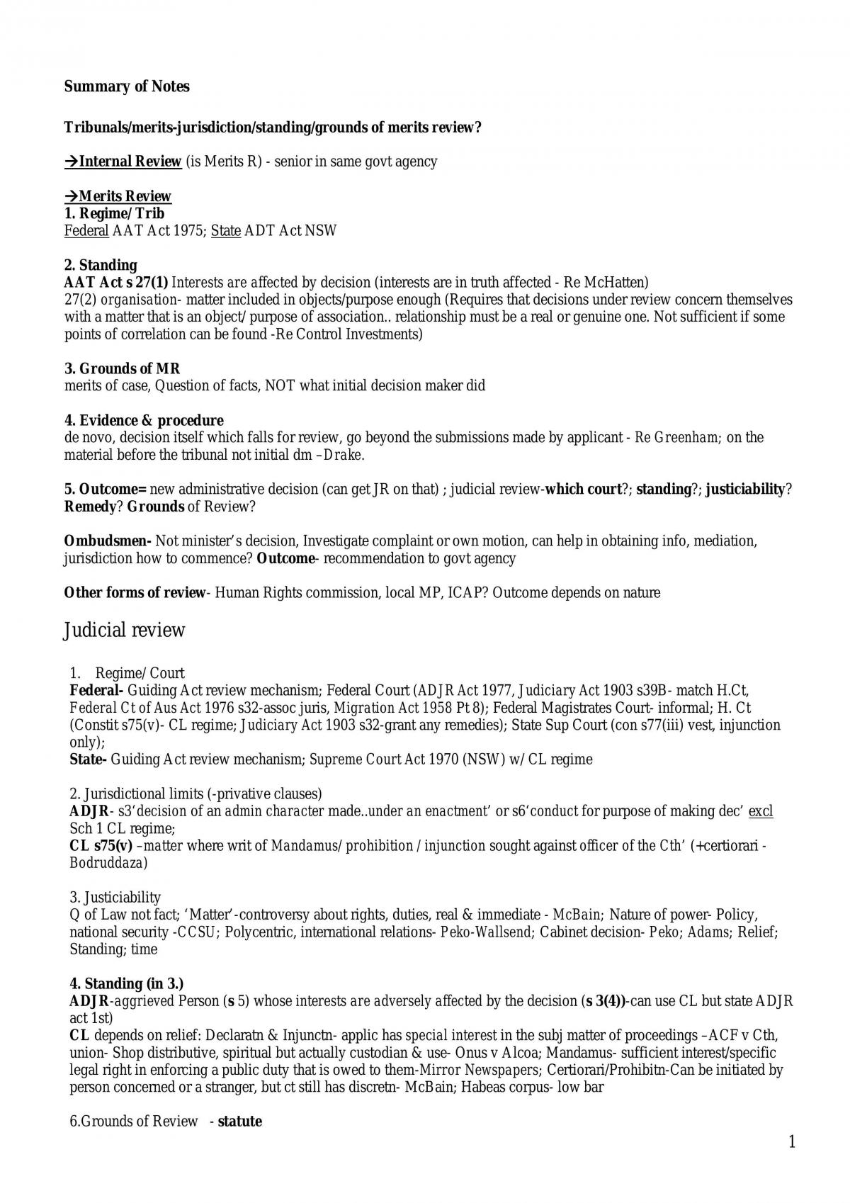 Final Exam Notes- Case Summaries, Notes Etc - Page 1