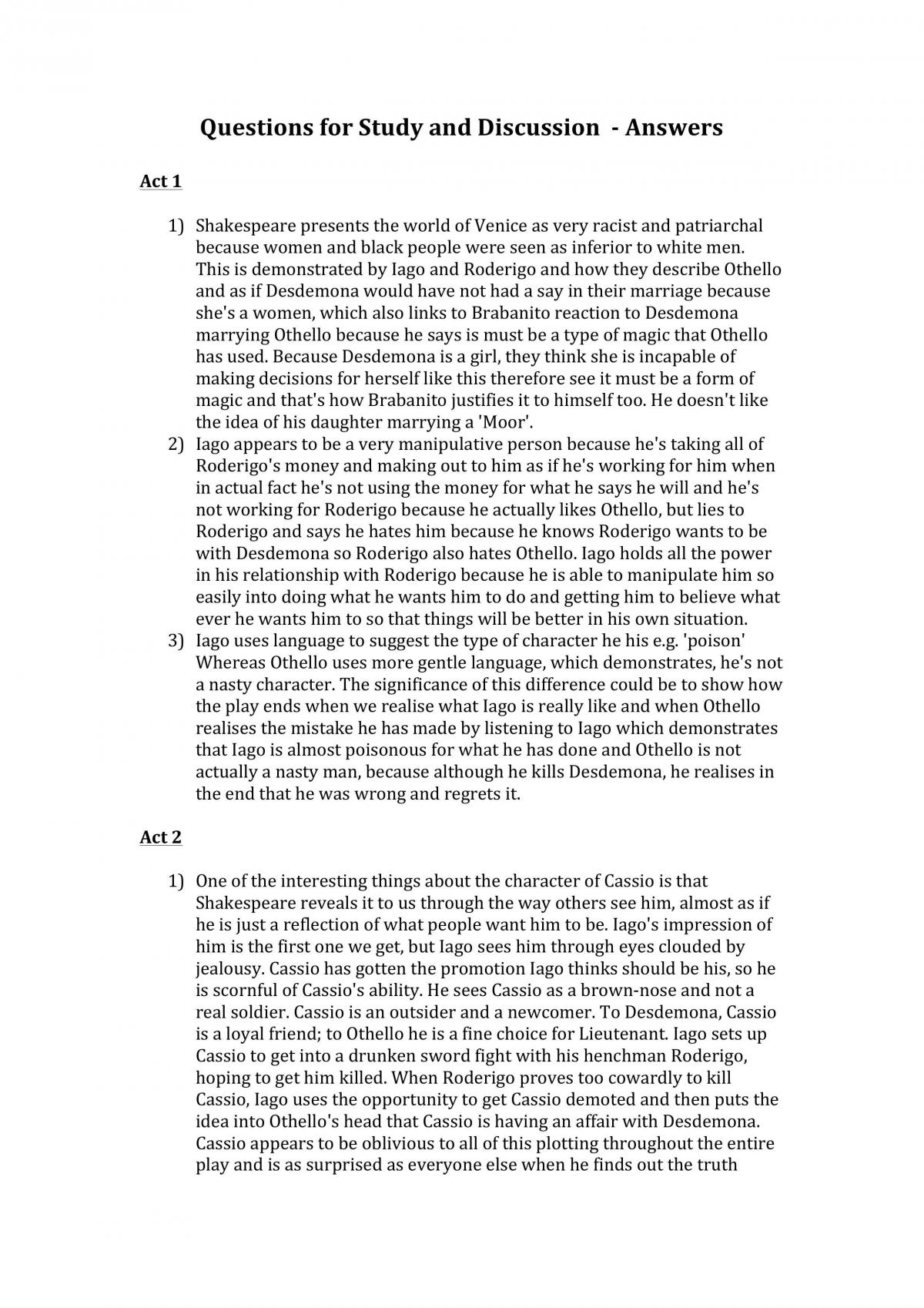 Othello - Questions for Study and Discussion - Page 1