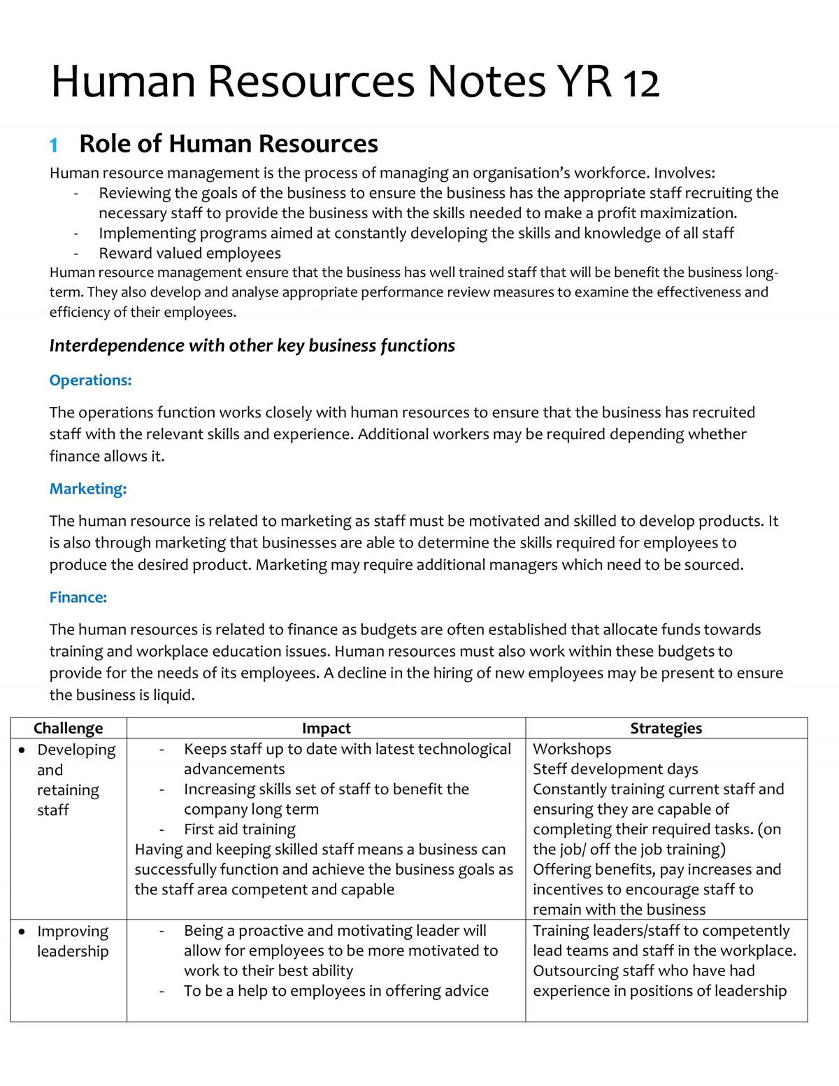 Detailed Notes About Human Resources with QANTAS Examples, Structured From The Syllabus - Page 1